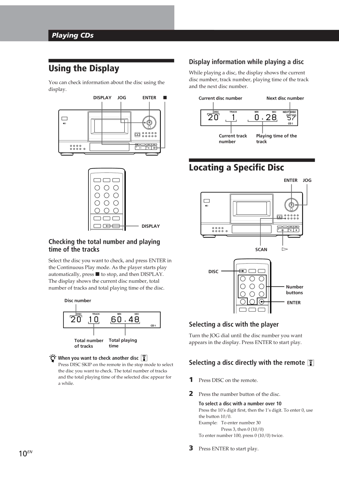 Sony CDP-CX153 manual Using the Display, Locating a Specific Disc, 10EN 