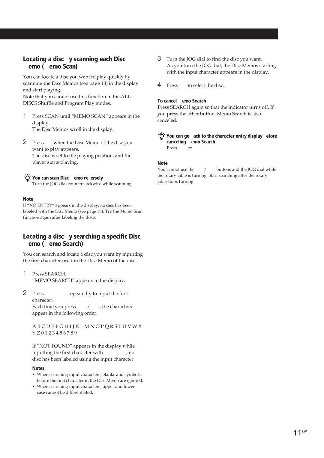 Sony CDP-CX153 manual 11EN, Locating a disc by scanning each Disc Memo Memo Scan, You can scan Disc Memo reversely 