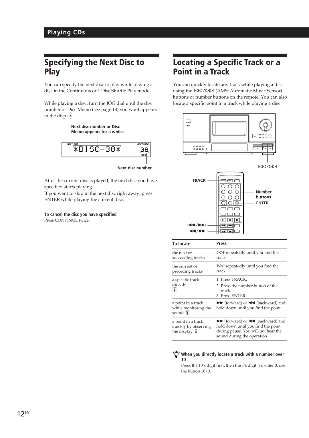 Sony CDP-CX153 manual Specifying the Next Disc to Play, Locating a Specific Track or a Point in a Track, 12EN 