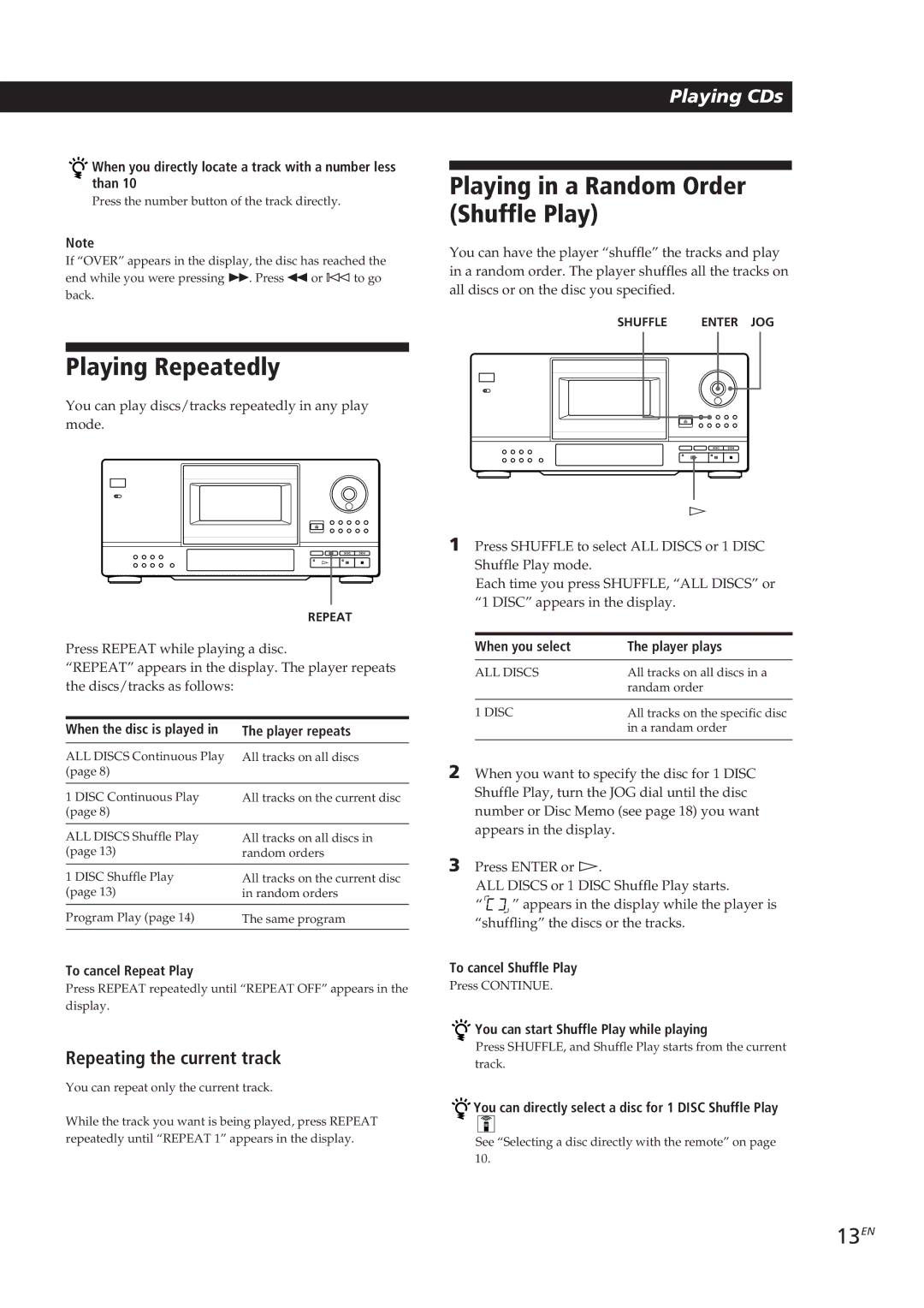 Sony CDP-CX153 manual Playing Repeatedly, Playing in a Random Order Shuffle Play, 13EN, Repeating the current track 