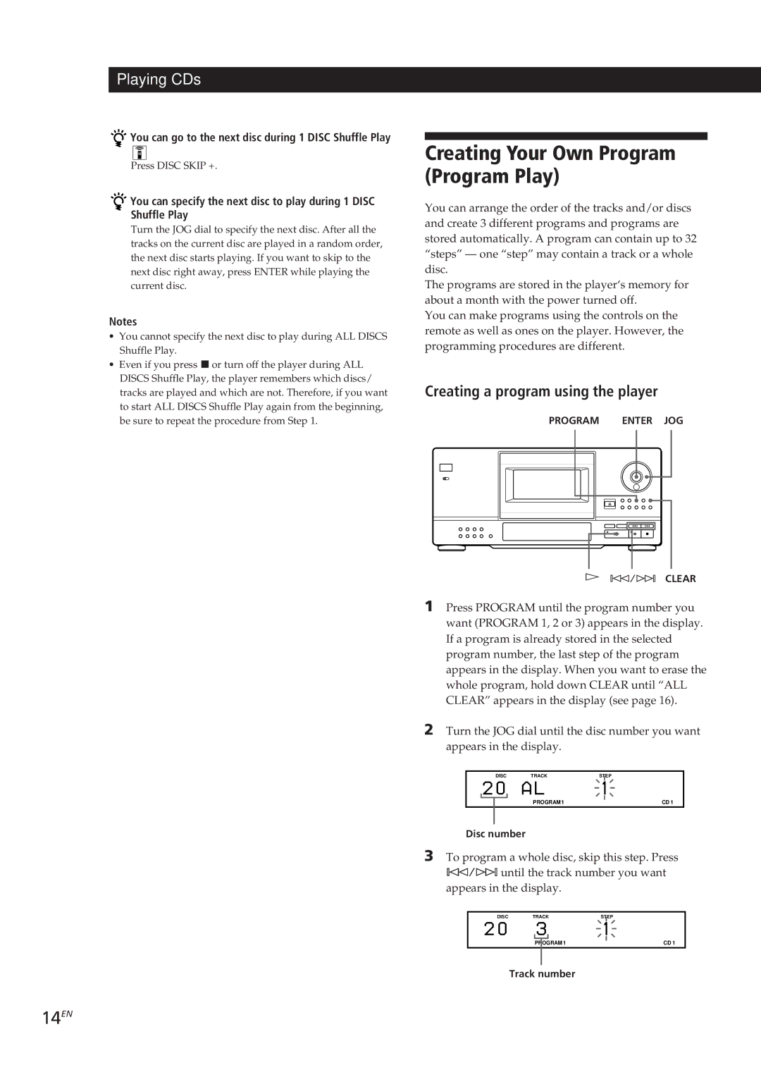 Sony CDP-CX153 manual Creating Your Own Program Program Play, 14EN, Creating a program using the player, Track number 