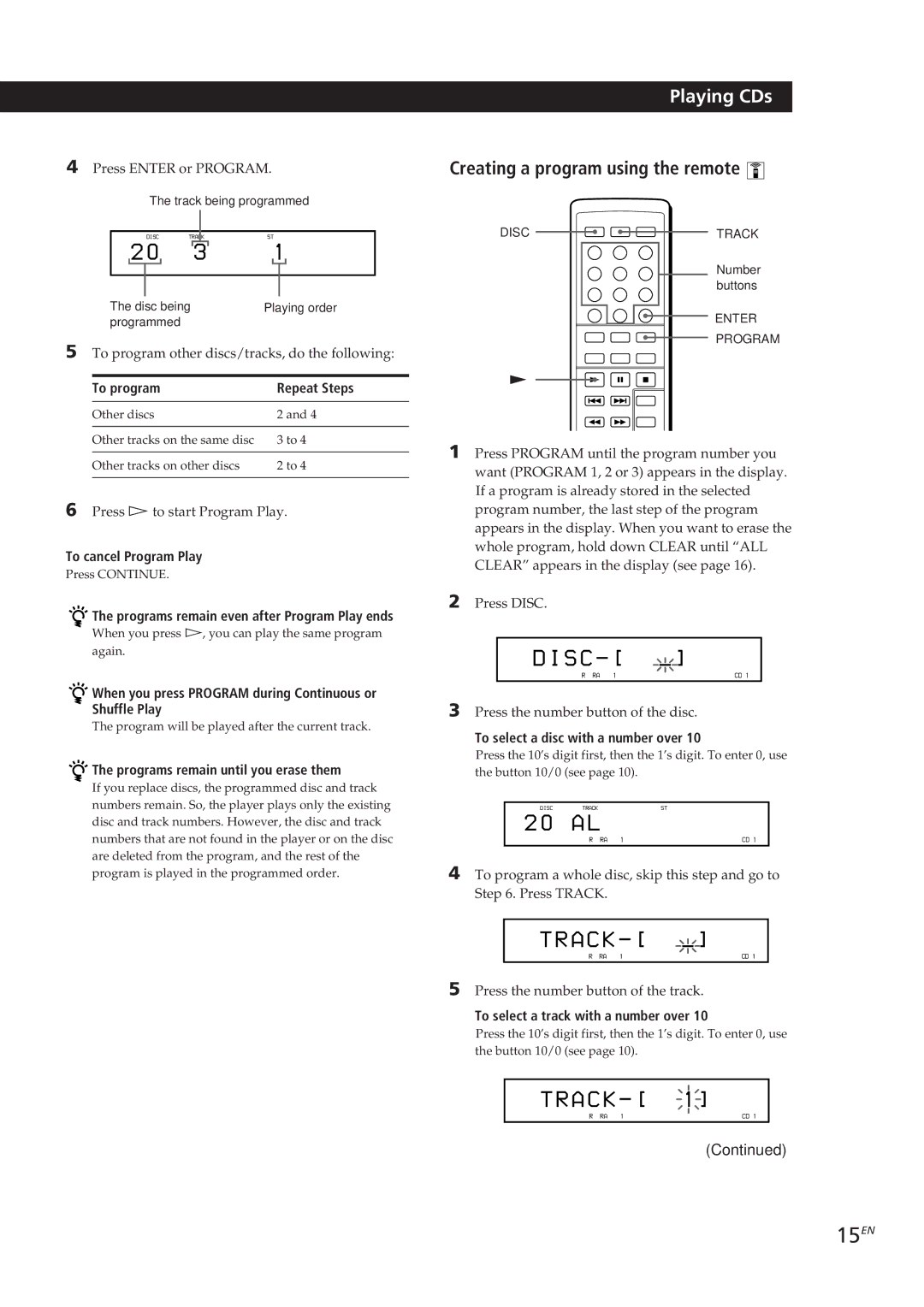 Sony CDP-CX153 manual 15EN, Creating a program using the remote 