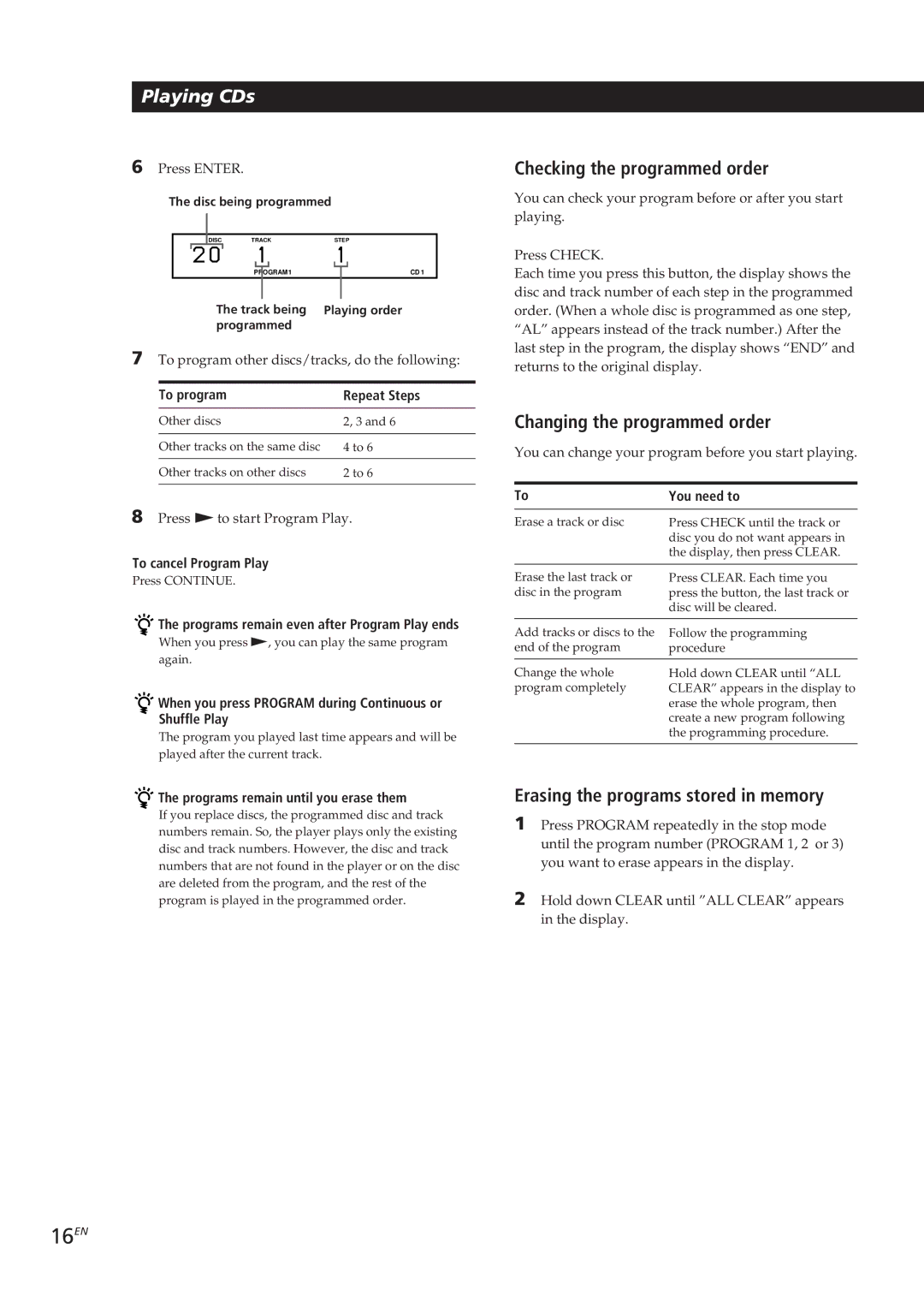 Sony CDP-CX153 16EN, Checking the programmed order, Changing the programmed order, Erasing the programs stored in memory 