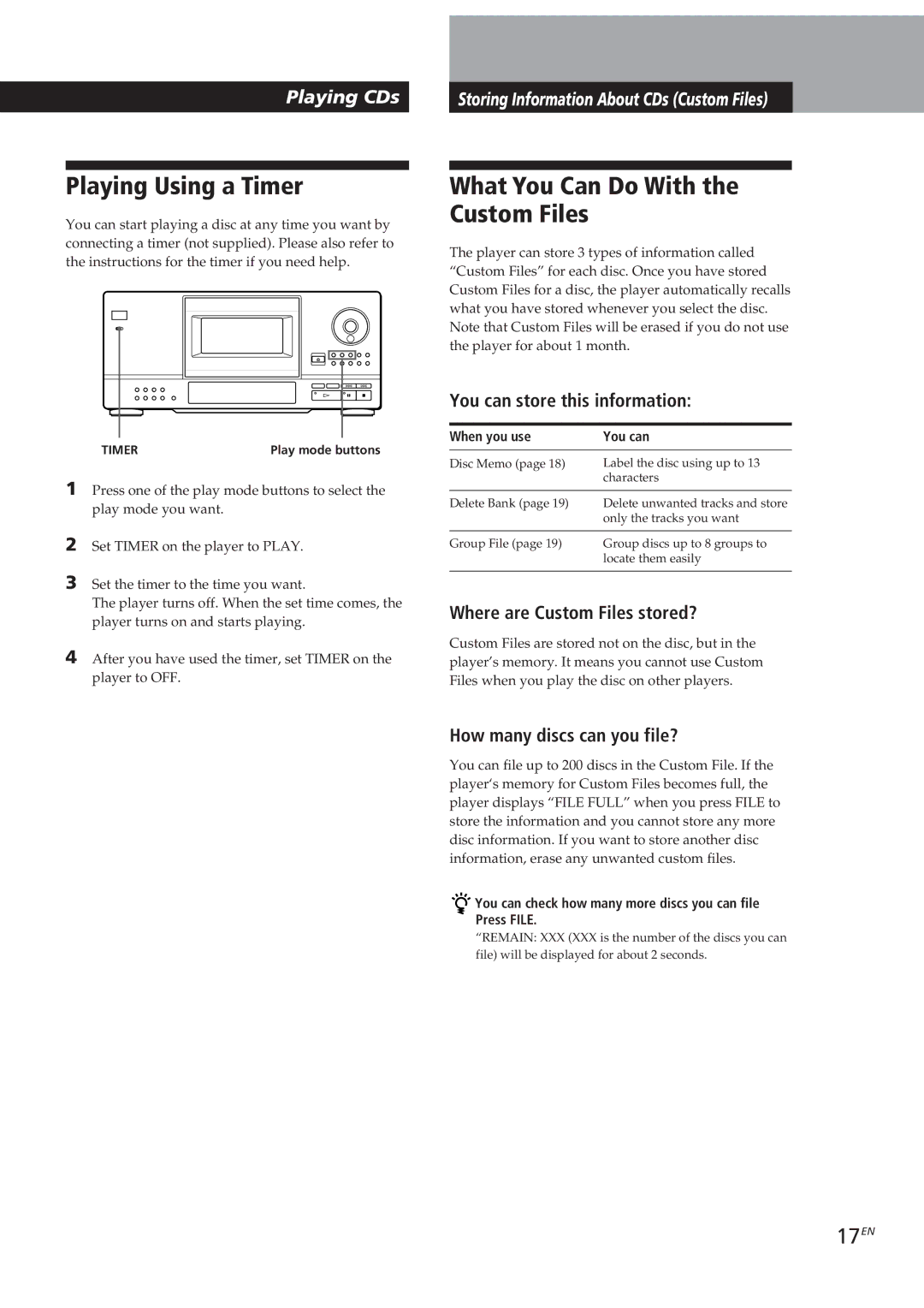 Sony CDP-CX153 manual Playing Using a Timer, What You Can Do With the Custom Files, 17EN 