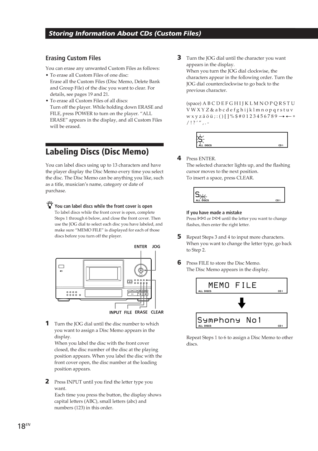 Sony CDP-CX153 Labeling Discs Disc Memo, 18EN, Erasing Custom Files, You can label discs while the front cover is open 