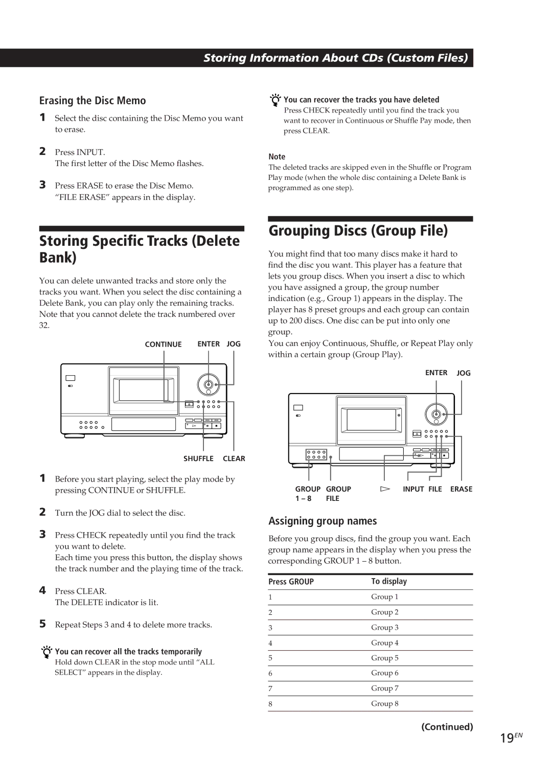 Sony CDP-CX153 manual Storing Specific Tracks Delete Bank, Grouping Discs Group File, 19EN, Erasing the Disc Memo 