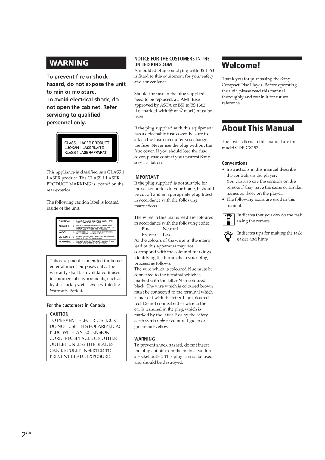 Sony CDP-CX153 manual Welcome, About This Manual, For the customers in Canada, Conventions 