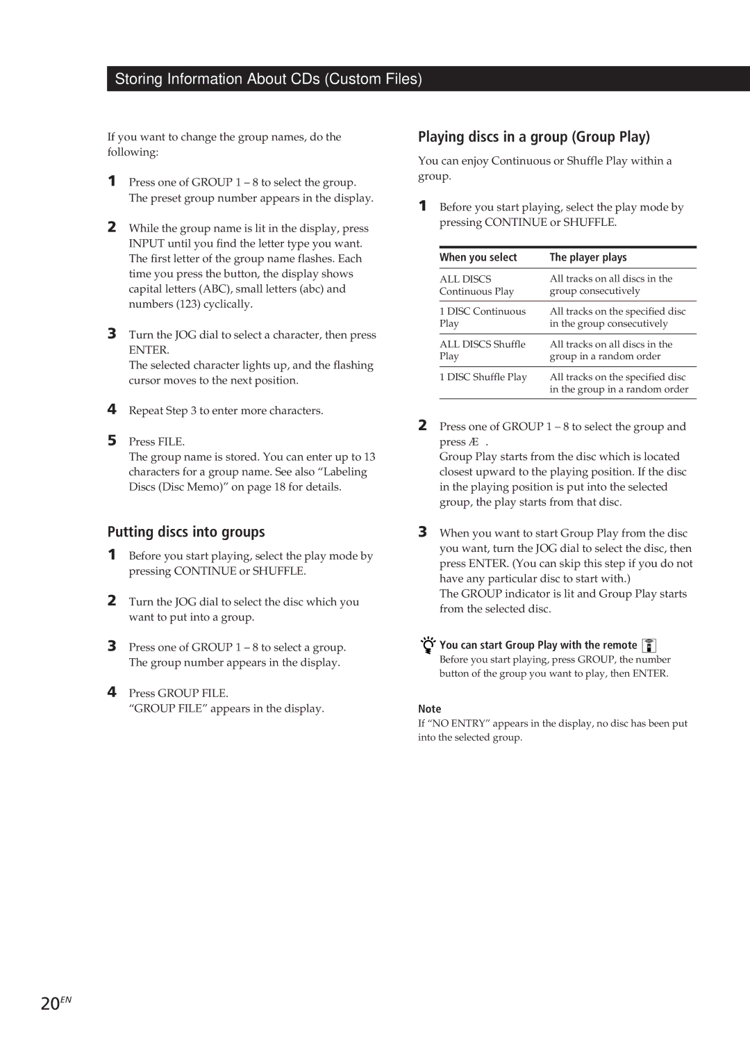 Sony CDP-CX153 manual 20EN, Putting discs into groups, Playing discs in a group Group Play 