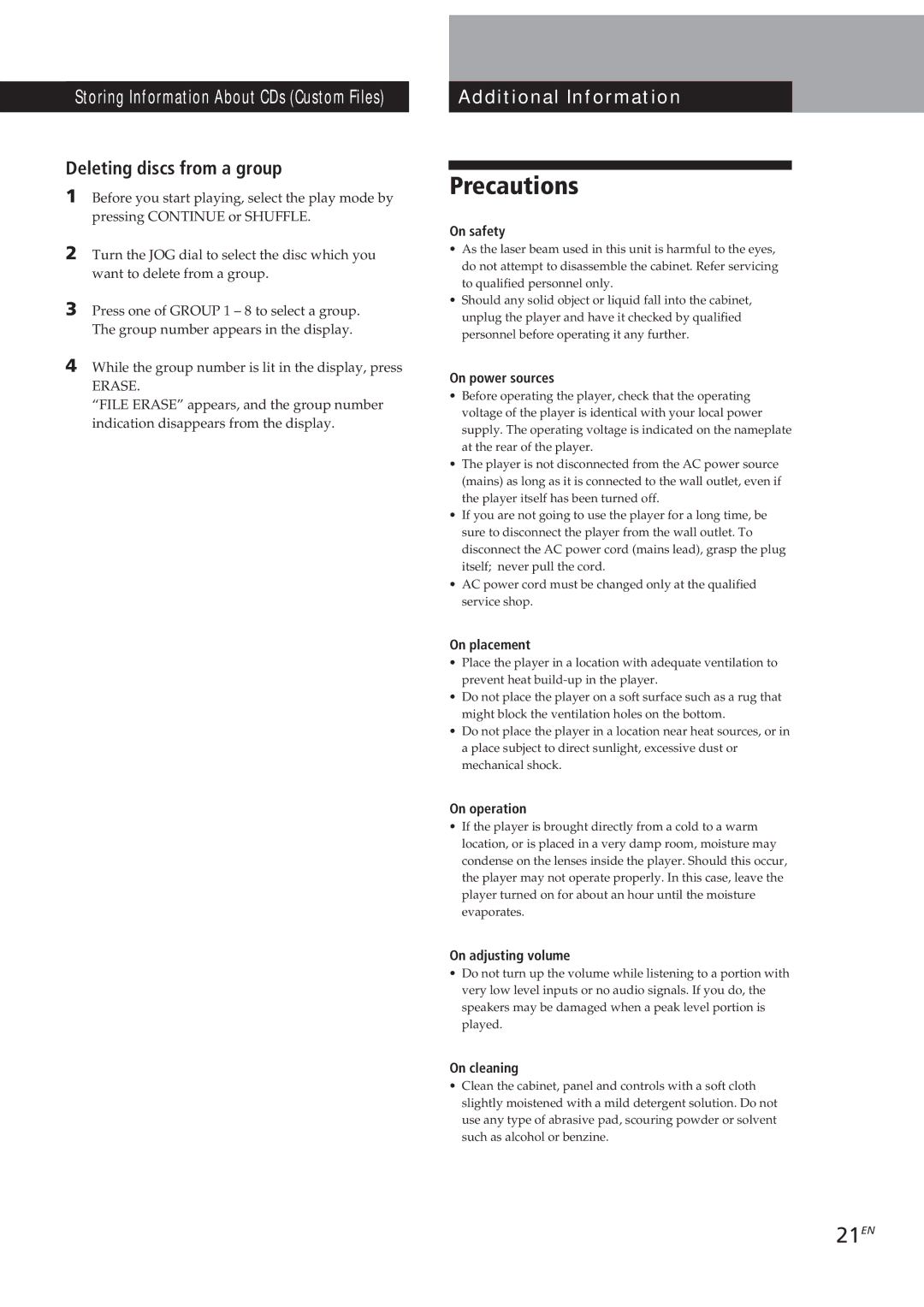 Sony CDP-CX153 manual Precautions, 21EN, Deleting discs from a group 