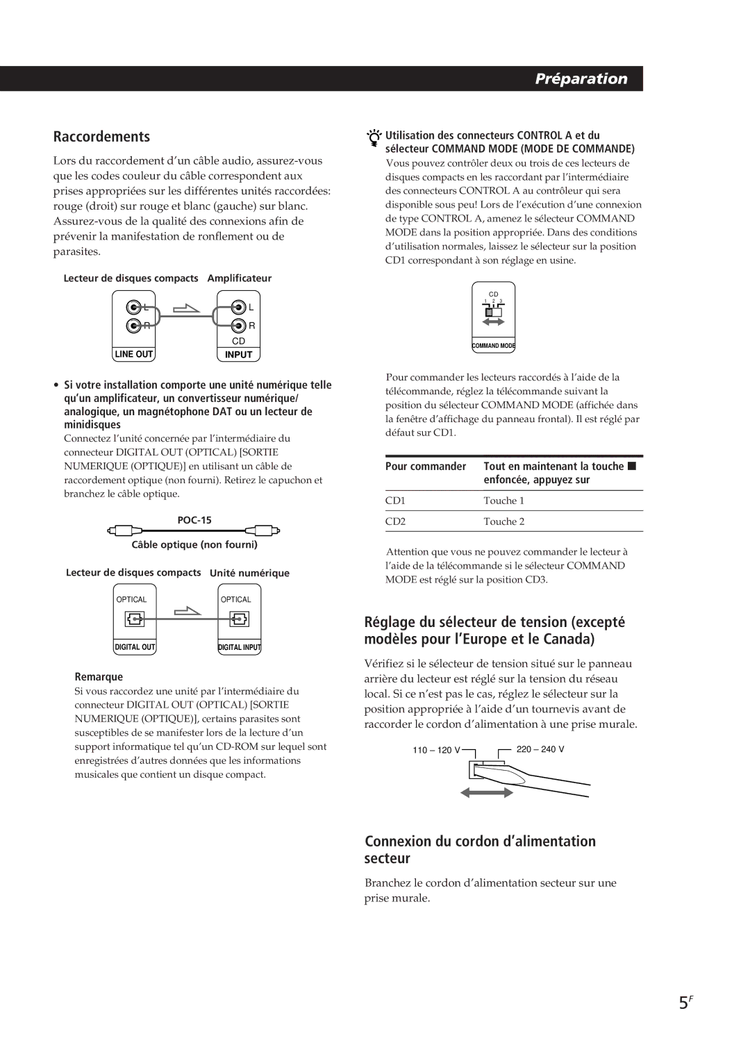 Sony CDP-CX153 Raccordements, Connexion du cordon d’alimentation secteur, Remarque, Pour commander, Enfoncée, appuyez sur 