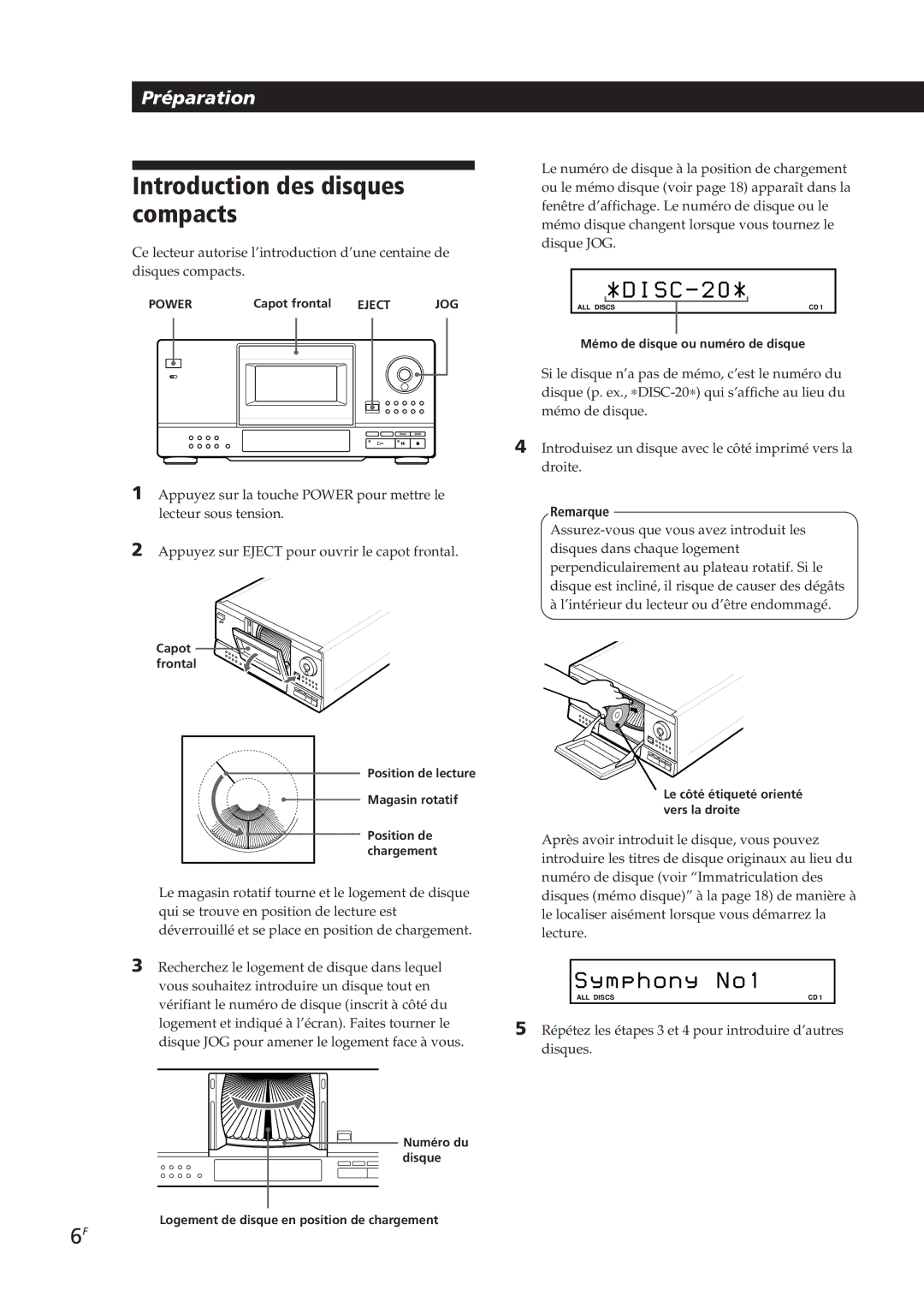 Sony CDP-CX153 Introduction des disques compacts, Capot frontal Eject, Capot frontal Position de lecture Magasin rotatif 