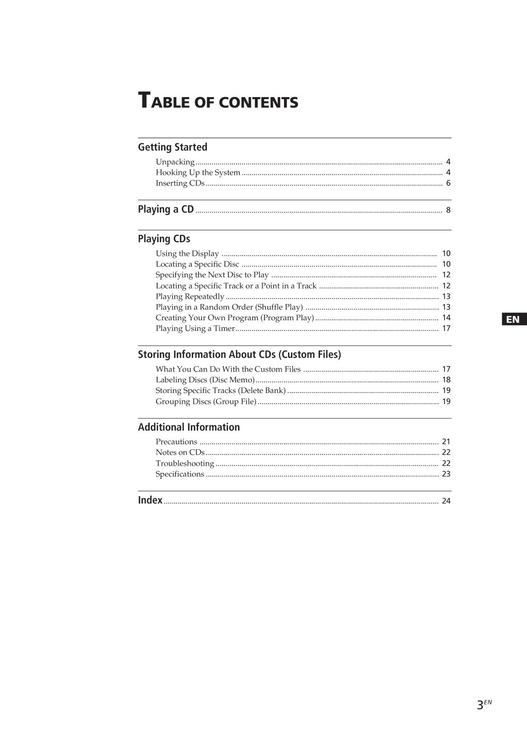 Sony CDP-CX153 manual Table of Contents 