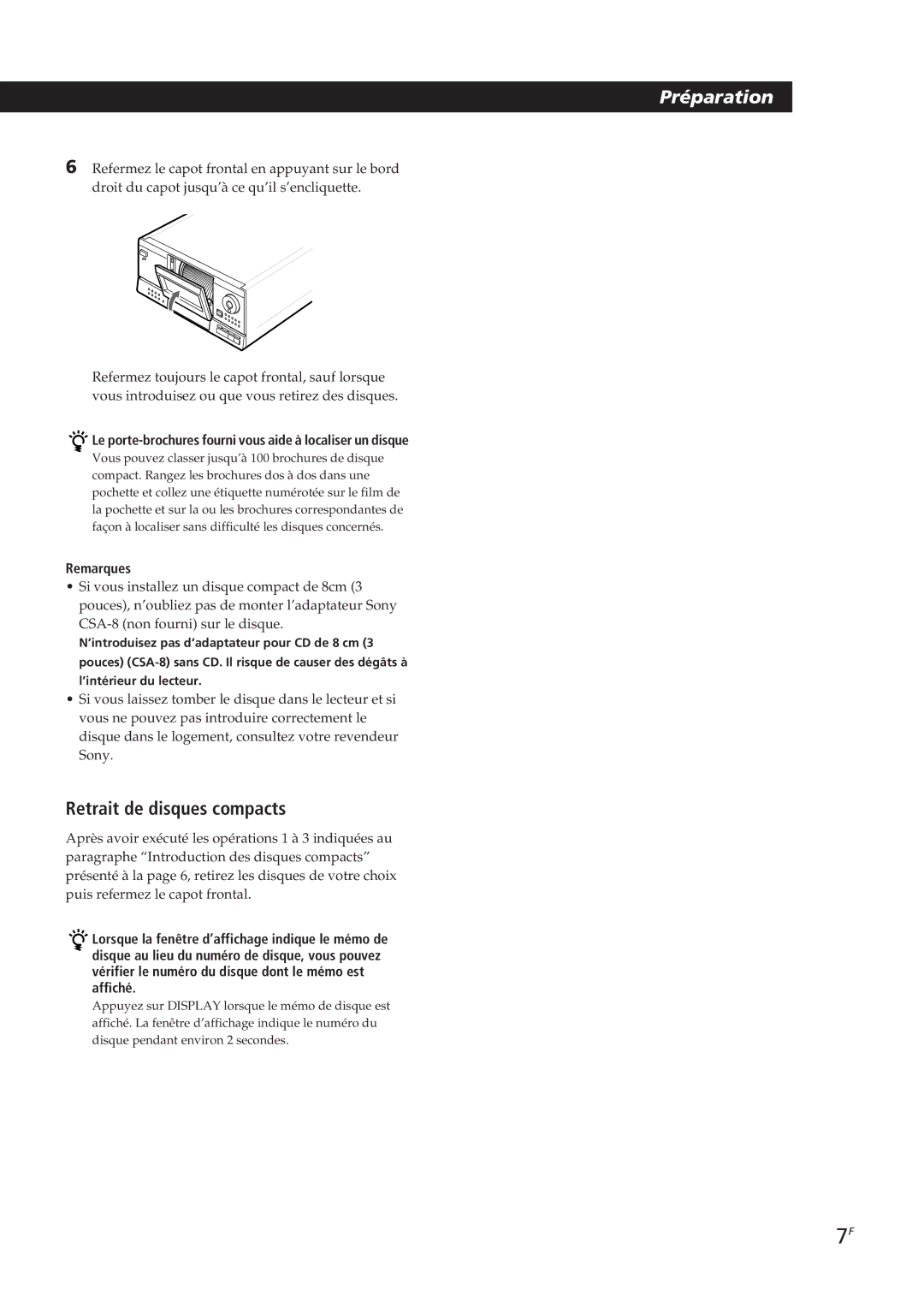 Sony CDP-CX153 manual Retrait de disques compacts, Le porte-brochures fourni vous aide à localiser un disque 