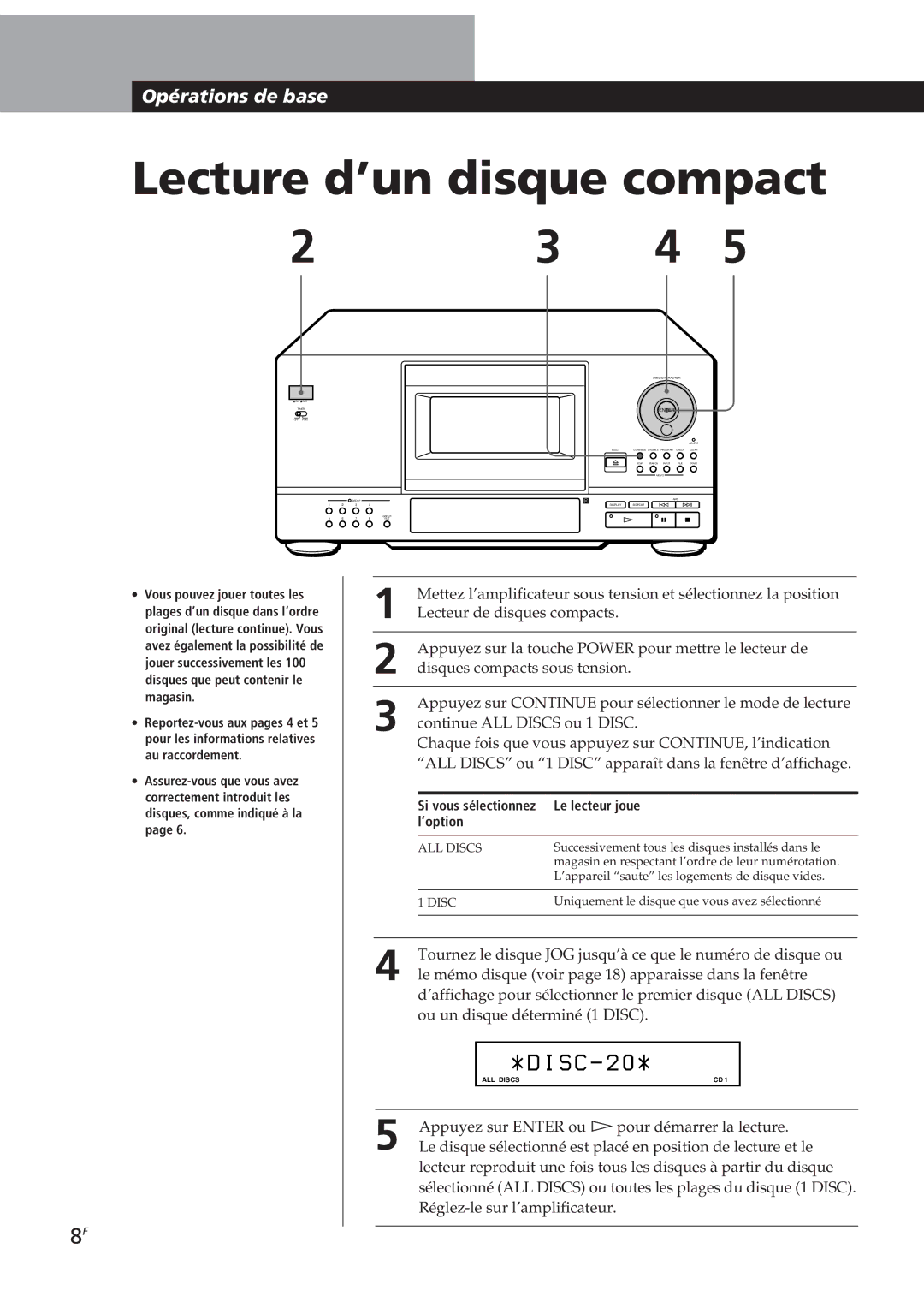 Sony CDP-CX153 manual Lecture d’un disque compact, Si vous sélectionnez Le lecteur joue ’option 