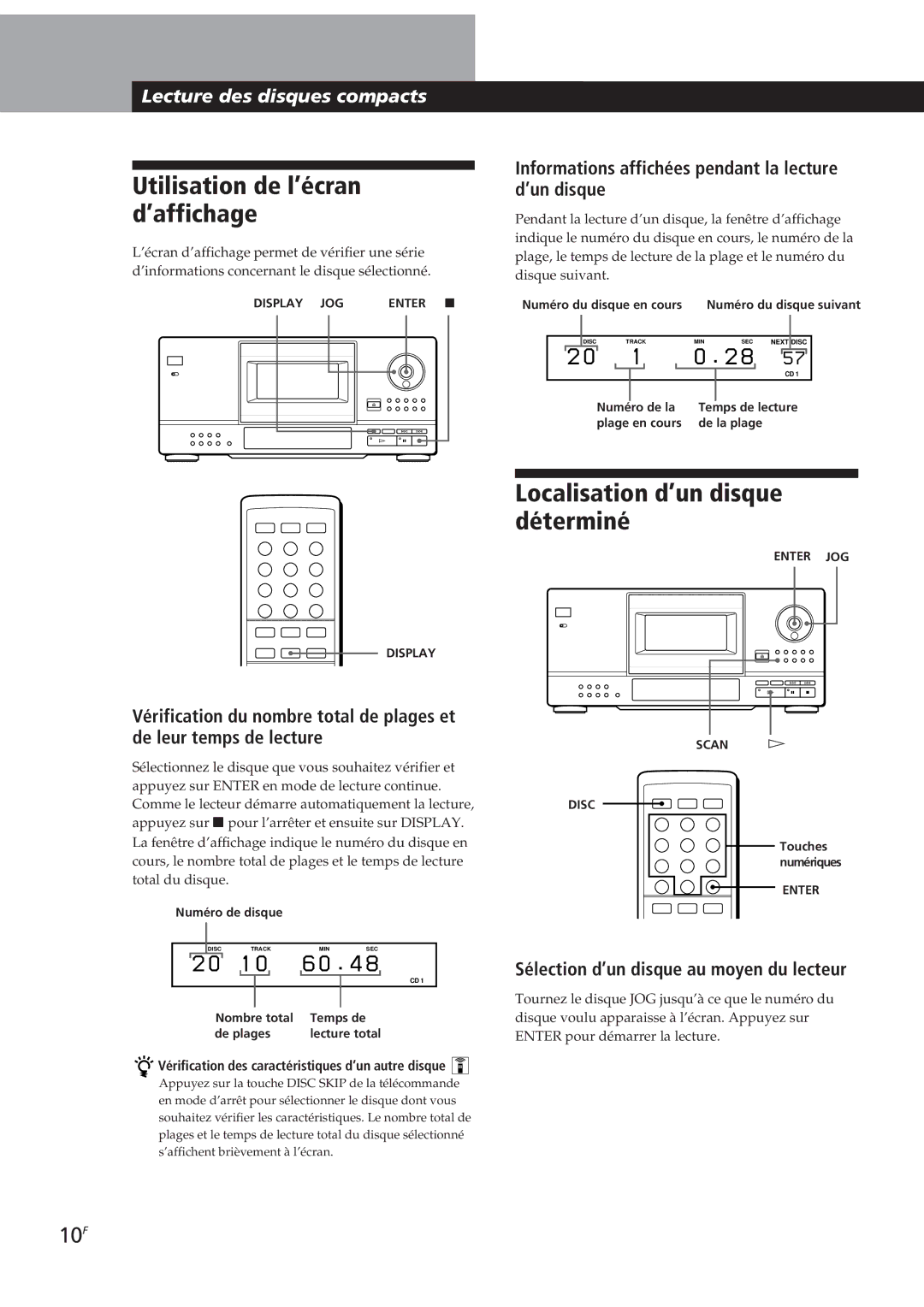 Sony CDP-CX153 manual Utilisation de l’écran d’affichage, Localisation d’un disque déterminé, 10F 