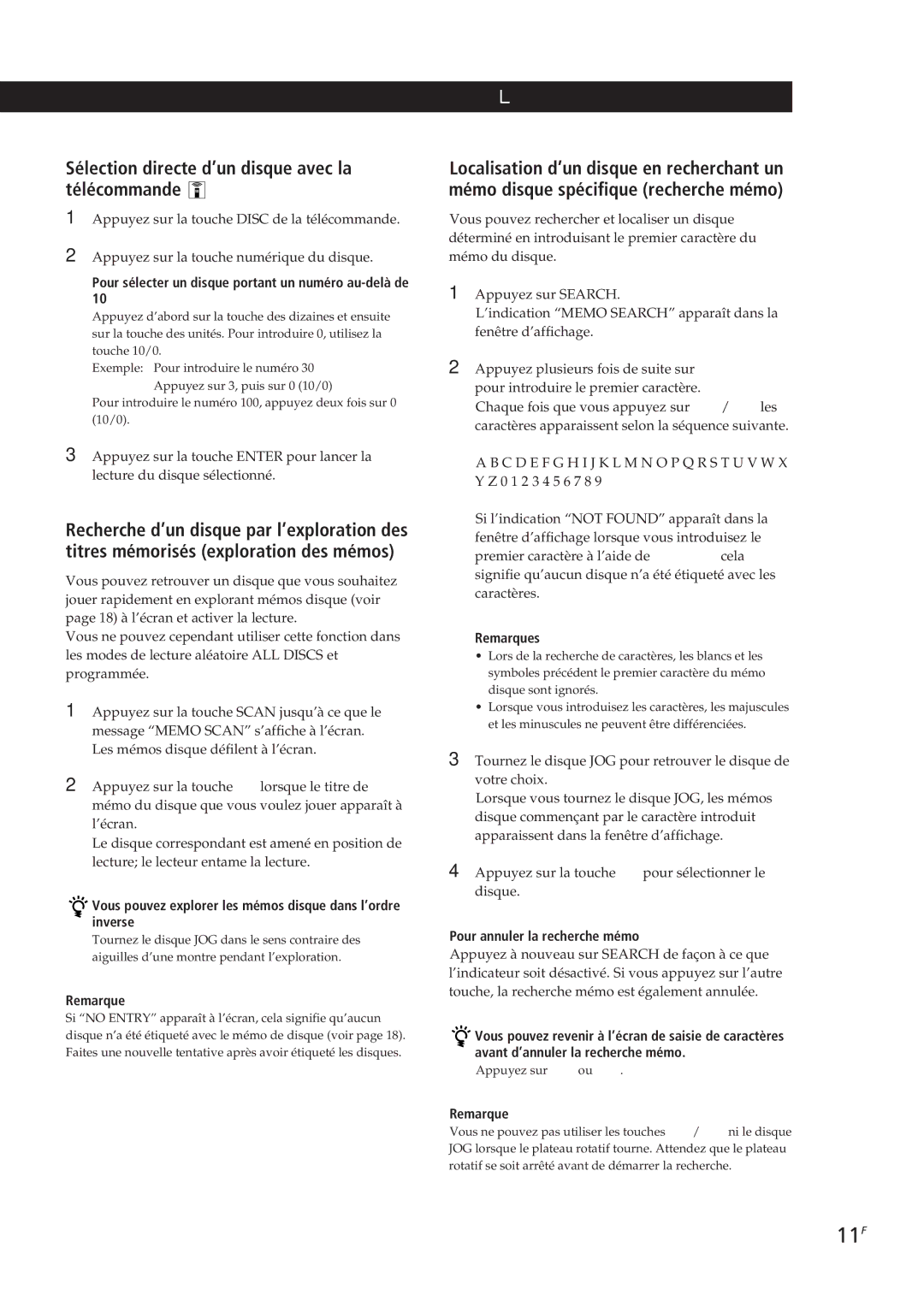 Sony CDP-CX153 manual 11F, Sélection directe d’un disque avec la télécommande, Pour annuler la recherche mémo 