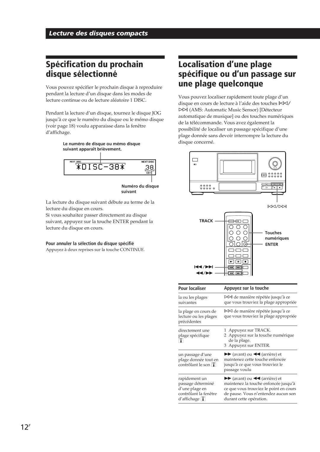 Sony CDP-CX153 manual Spécification du prochain disque sélectionné, 12F, Pour annuler la sélection du disque spécifié 