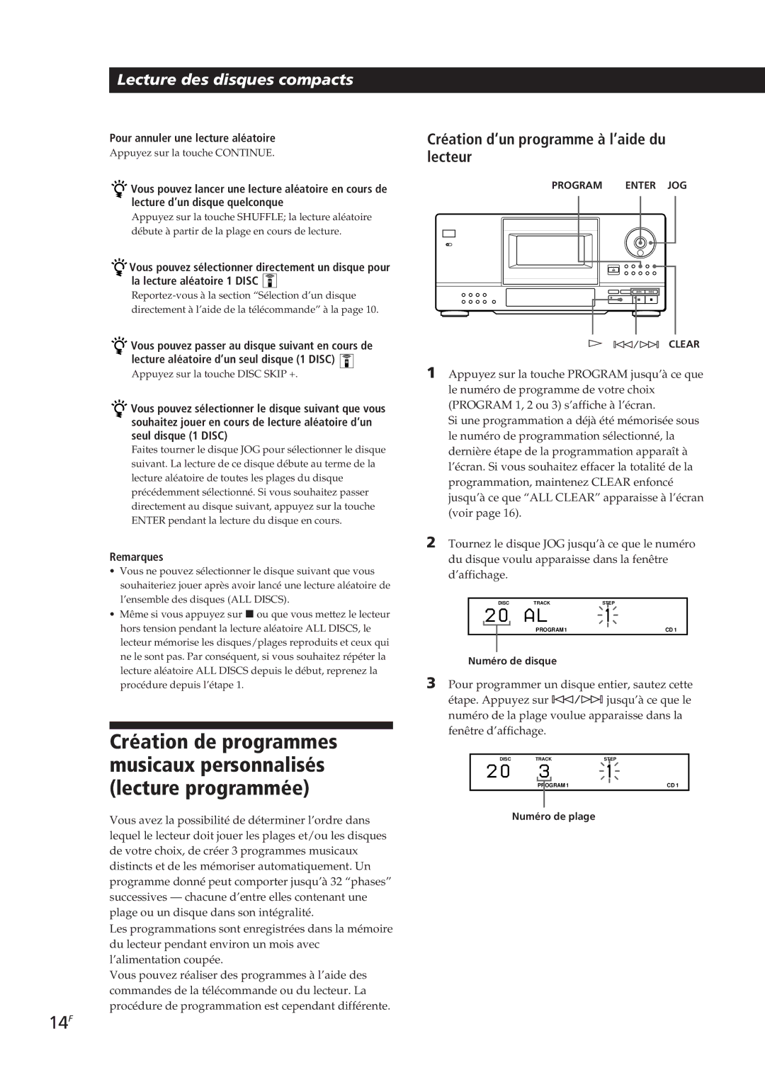 Sony CDP-CX153 manual 14F, Création d’un programme à l’aide du lecteur, Pour annuler une lecture aléatoire, Numéro de plage 