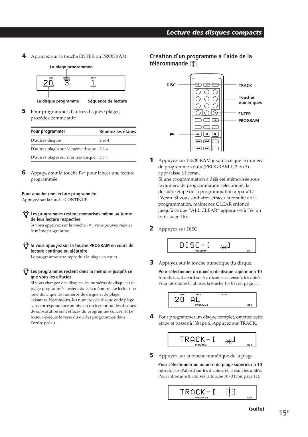 Sony CDP-CX153 manual 15F, Création d’un programme à l’aide de la télécommande 