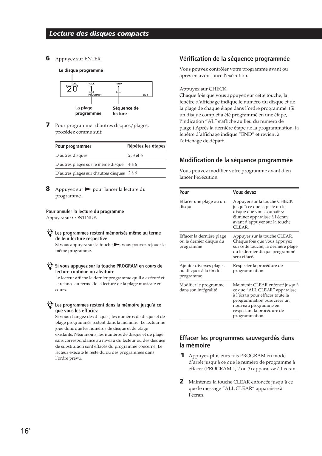 Sony CDP-CX153 manual 16F, Vérification de la séquence programmée, Modification de la séquence programmée 