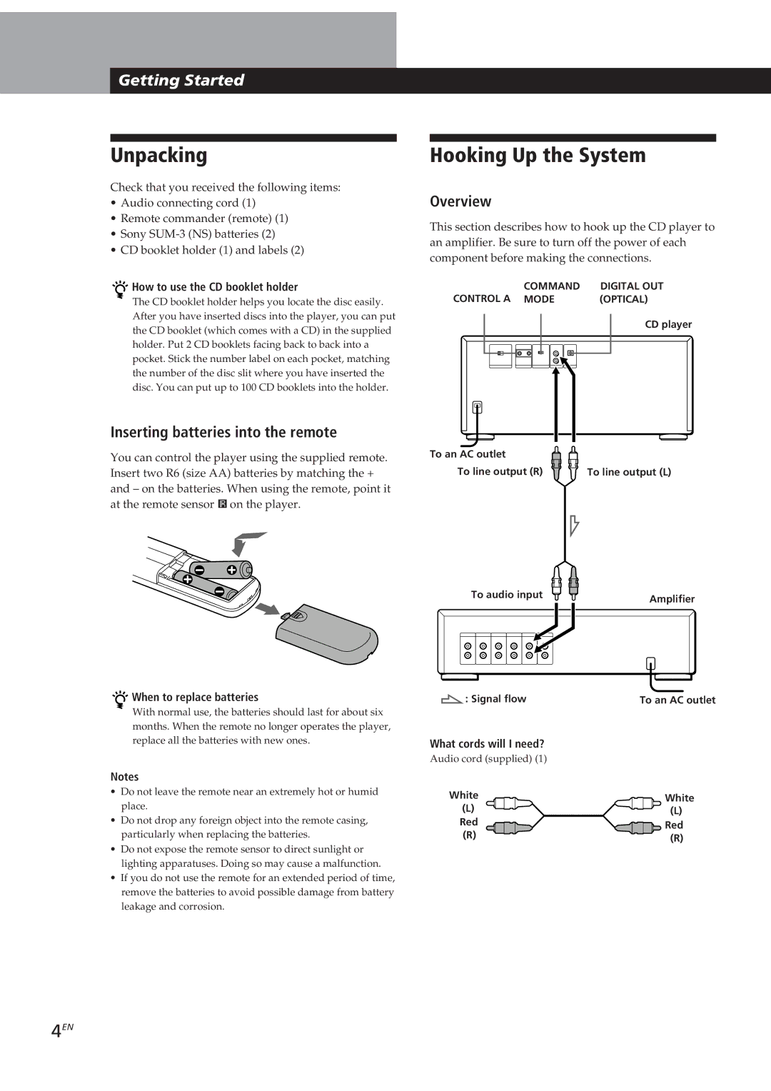 Sony CDP-CX153 manual Unpacking, Hooking Up the System, Inserting batteries into the remote, Overview 