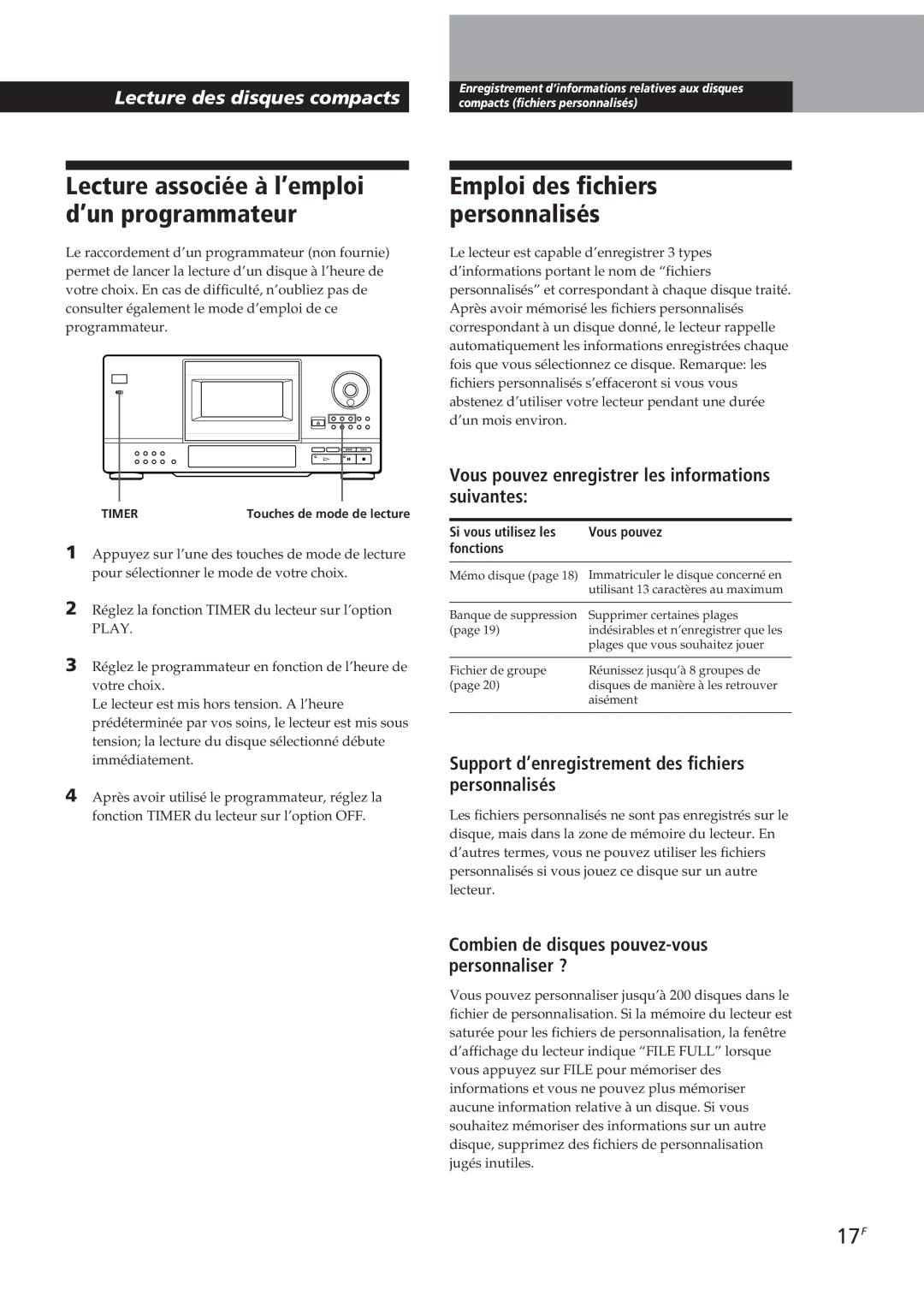 Sony CDP-CX153 manual Lecture associée à l’emploi d’un programmateur, Emploi des fichiers personnalisés, 17F 