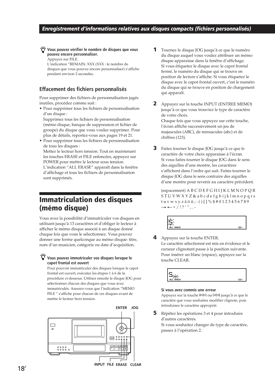 Sony CDP-CX153 manual Immatriculation des disques, Mémo disque, 18F, Effacement des fichiers personnalisés 