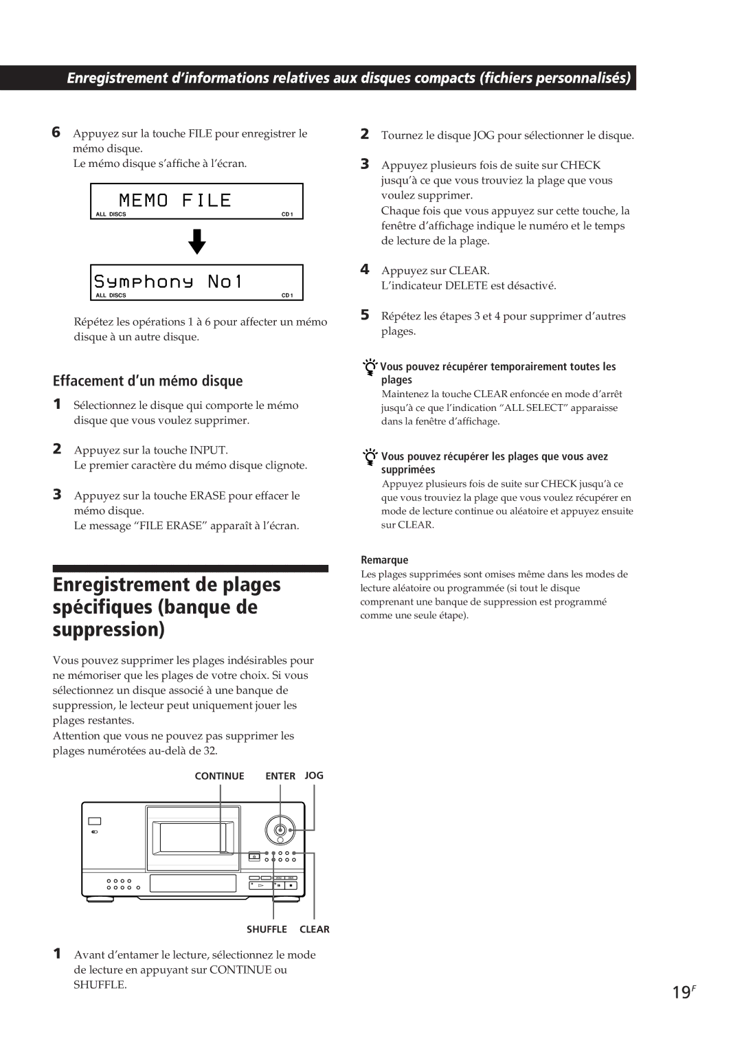 Sony CDP-CX153 manual Enregistrement de plages spécifiques banque de suppression, Effacement d’un mémo disque 