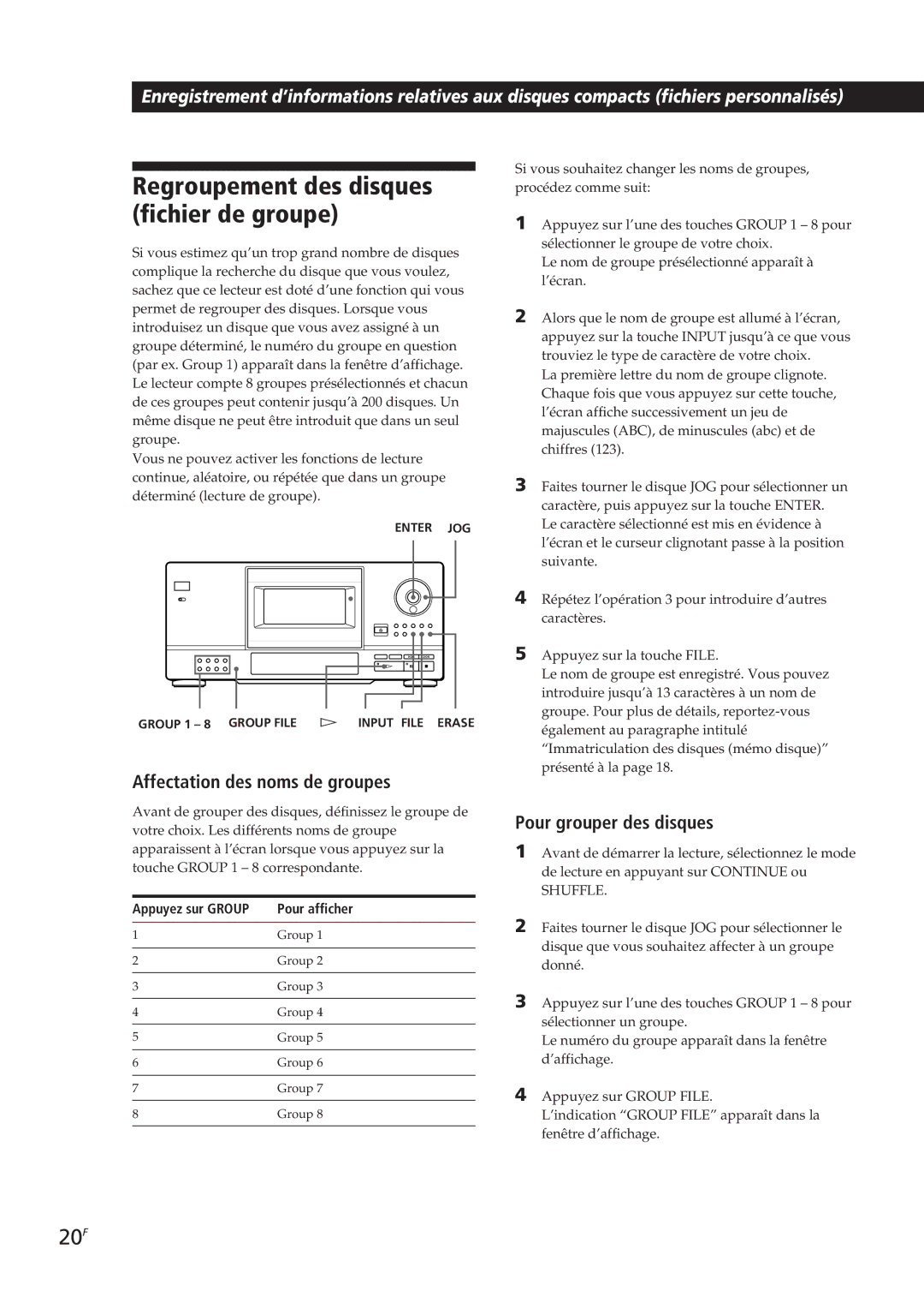 Sony CDP-CX153 Regroupement des disques fichier de groupe, 20F, Affectation des noms de groupes, Pour grouper des disques 