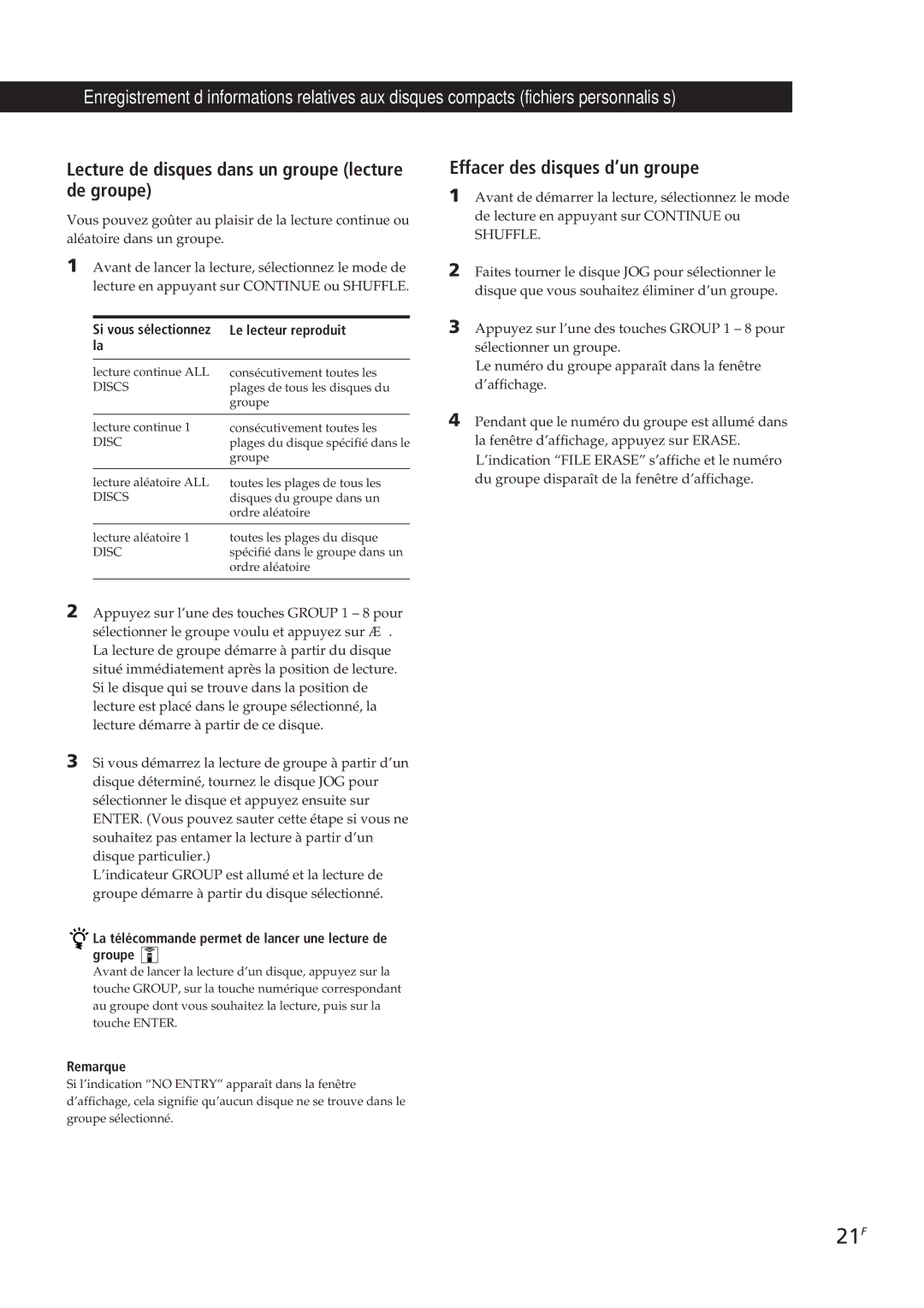 Sony CDP-CX153 manual 21F, Lecture de disques dans un groupe lecture de groupe, Effacer des disques d’un groupe 