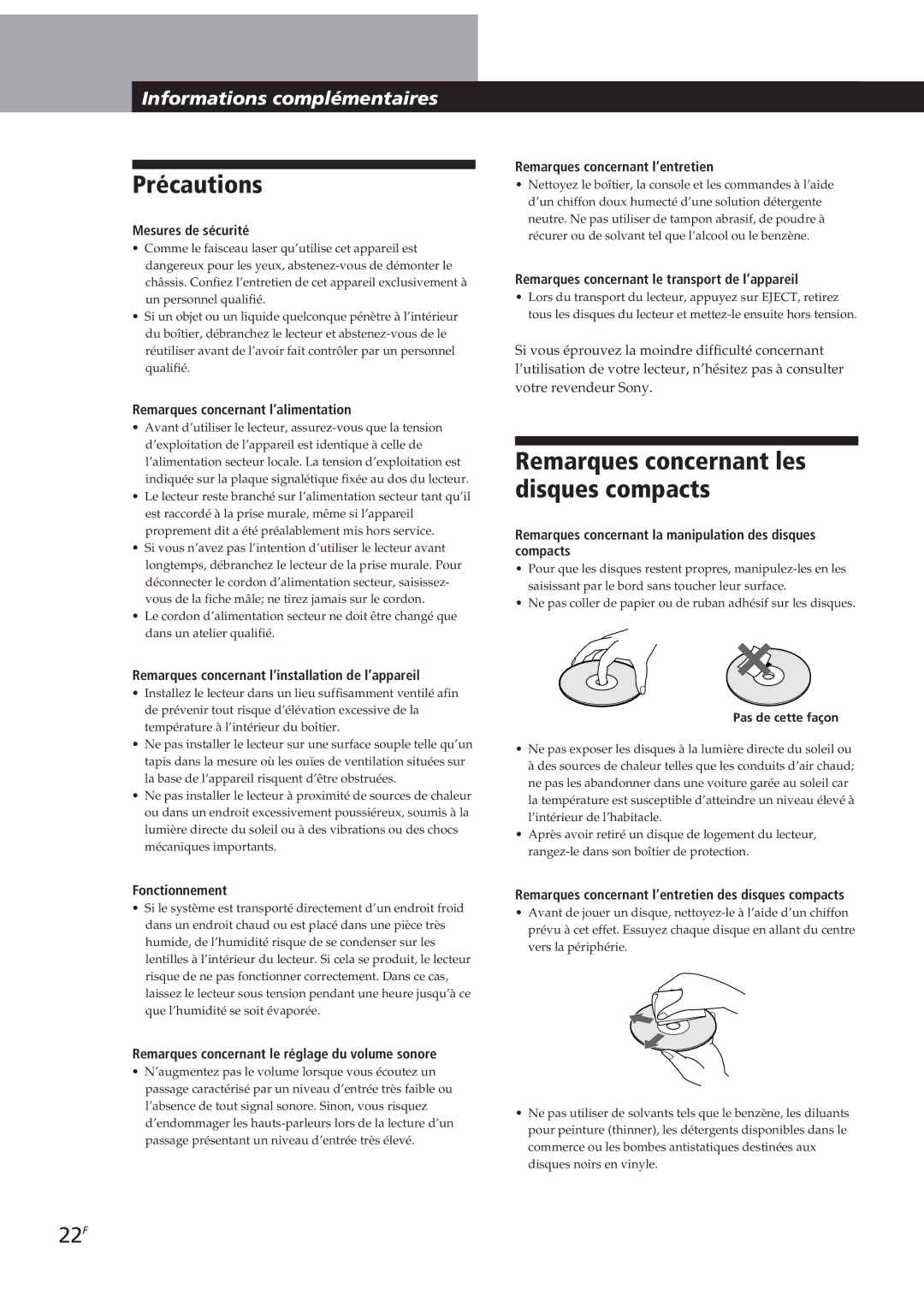 Sony CDP-CX153 manual Précautions, Remarques concernant les disques compacts, 22F 