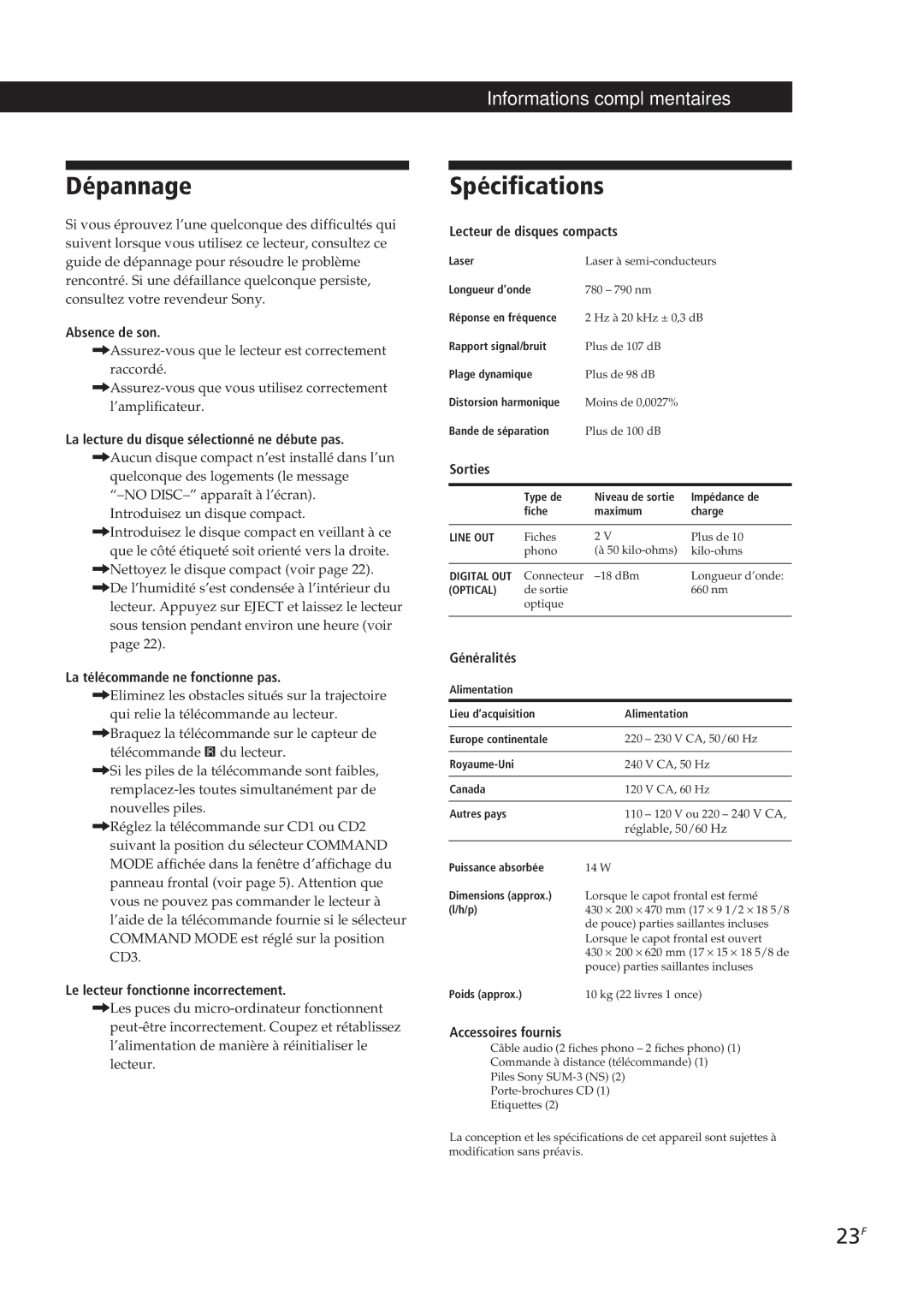 Sony CDP-CX153 manual Dépannage, Spécifications, 23F 