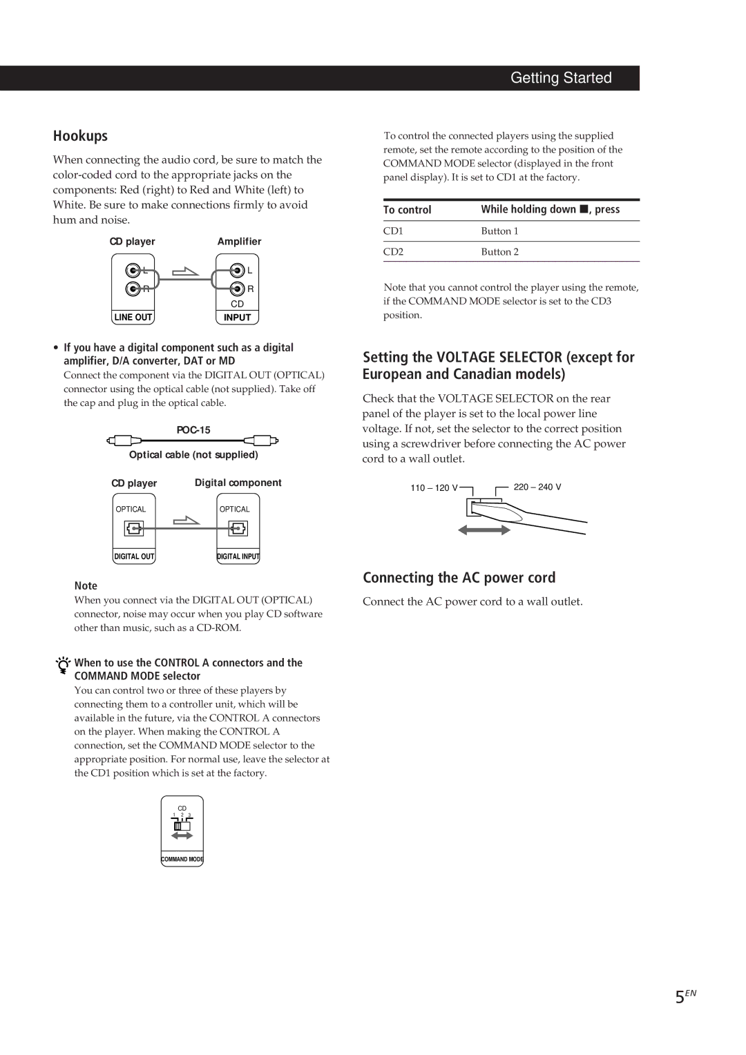 Sony CDP-CX153 manual Hookups, Connecting the AC power cord, To control While holding down p, press 