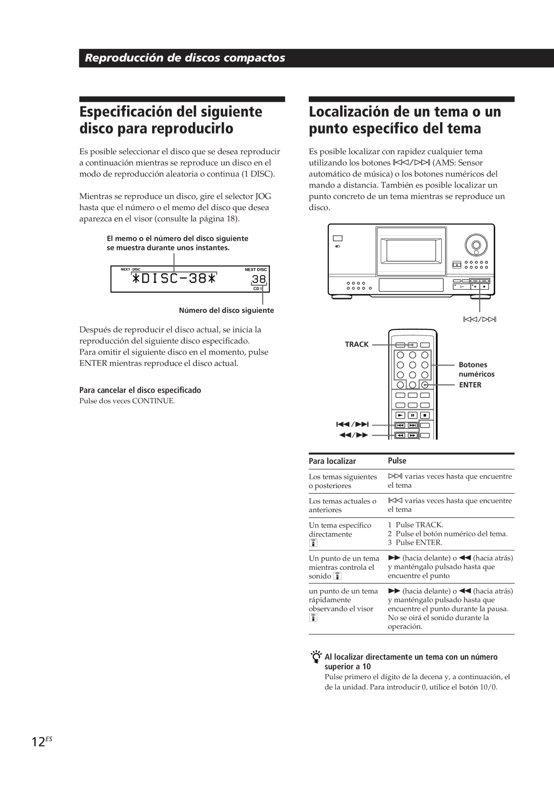 Sony CDP-CX153 manual Especificación del siguiente disco para reproducirlo, 12ES 