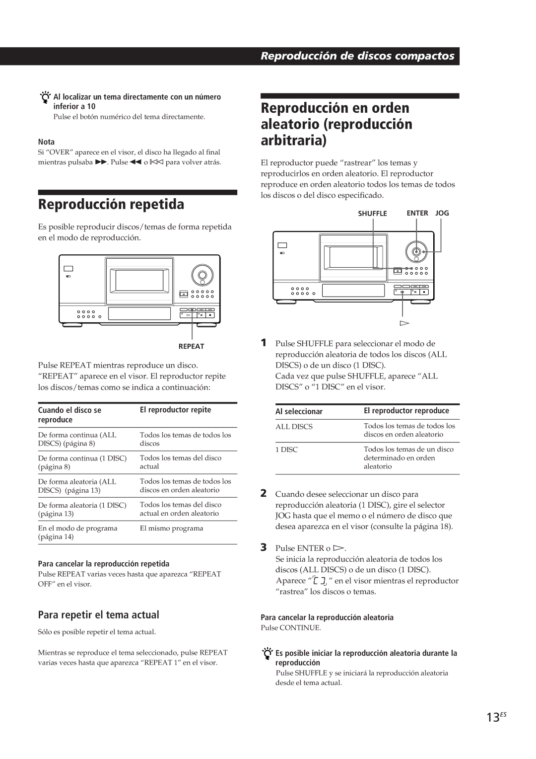 Sony CDP-CX153 manual Reproducción repetida, Reproducción en orden aleatorio reproducción arbitraria, 13ES 