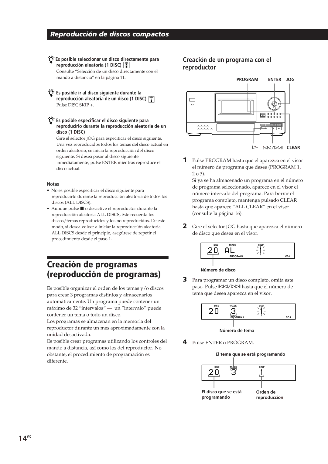 Sony CDP-CX153 manual Creación de programas reproducción de programas, 14ES, Creación de un programa con el reproductor 