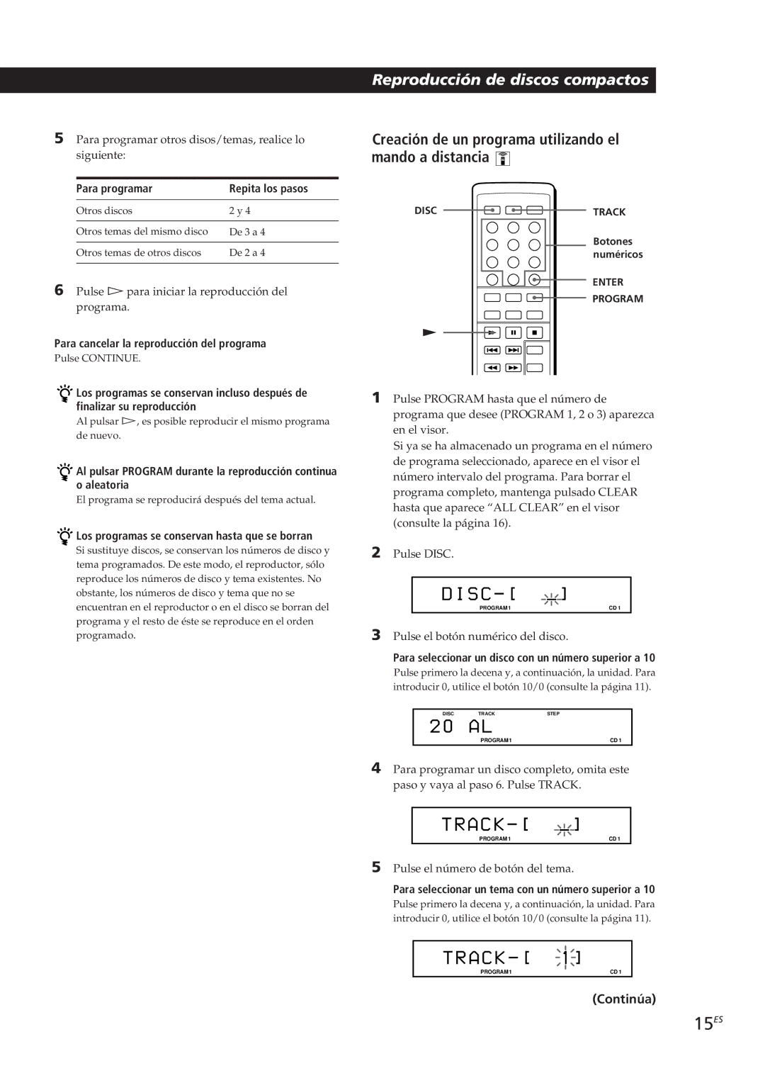 Sony CDP-CX153 manual 15ES, Creación de un programa utilizando el mando a distancia 