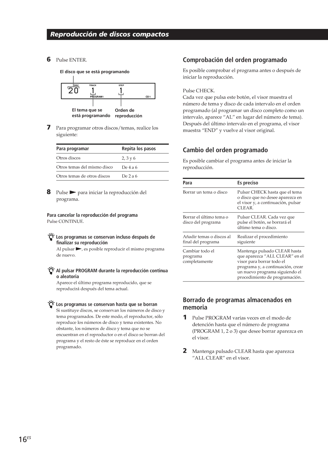 Sony CDP-CX153 manual 16ES, Comprobación del orden programado, Cambio del orden programado, Para Es preciso 