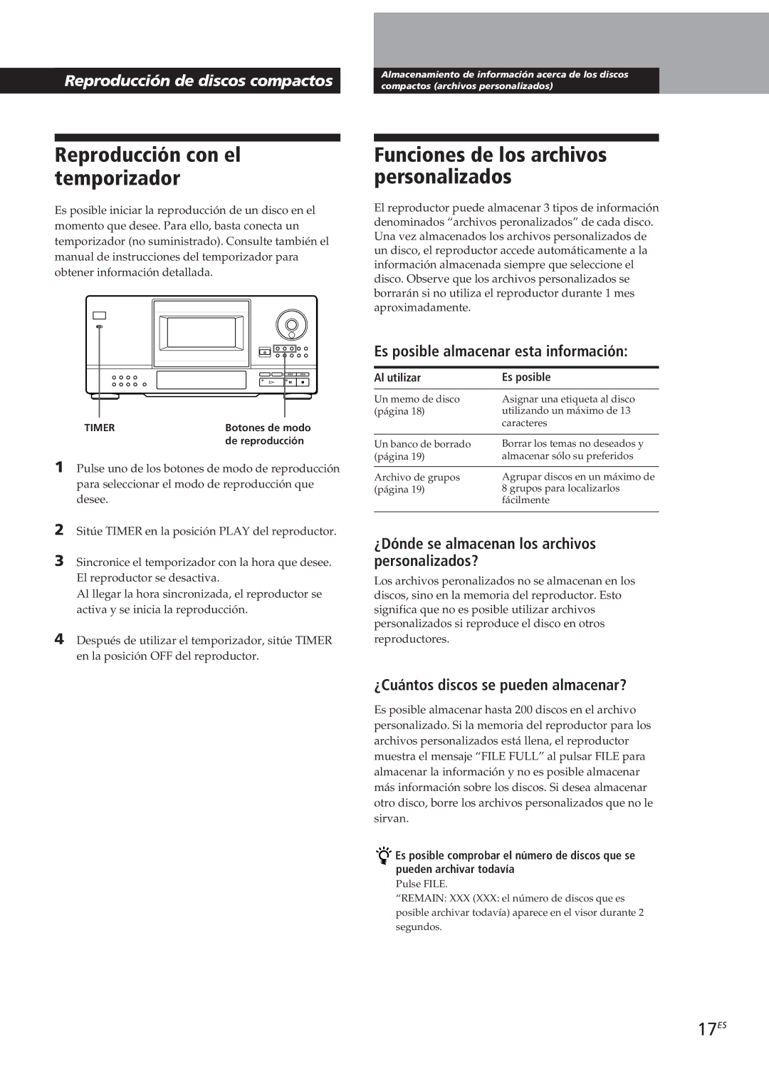 Sony CDP-CX153 manual Reproducción con el temporizador, Funciones de los archivos personalizados, 17ES 