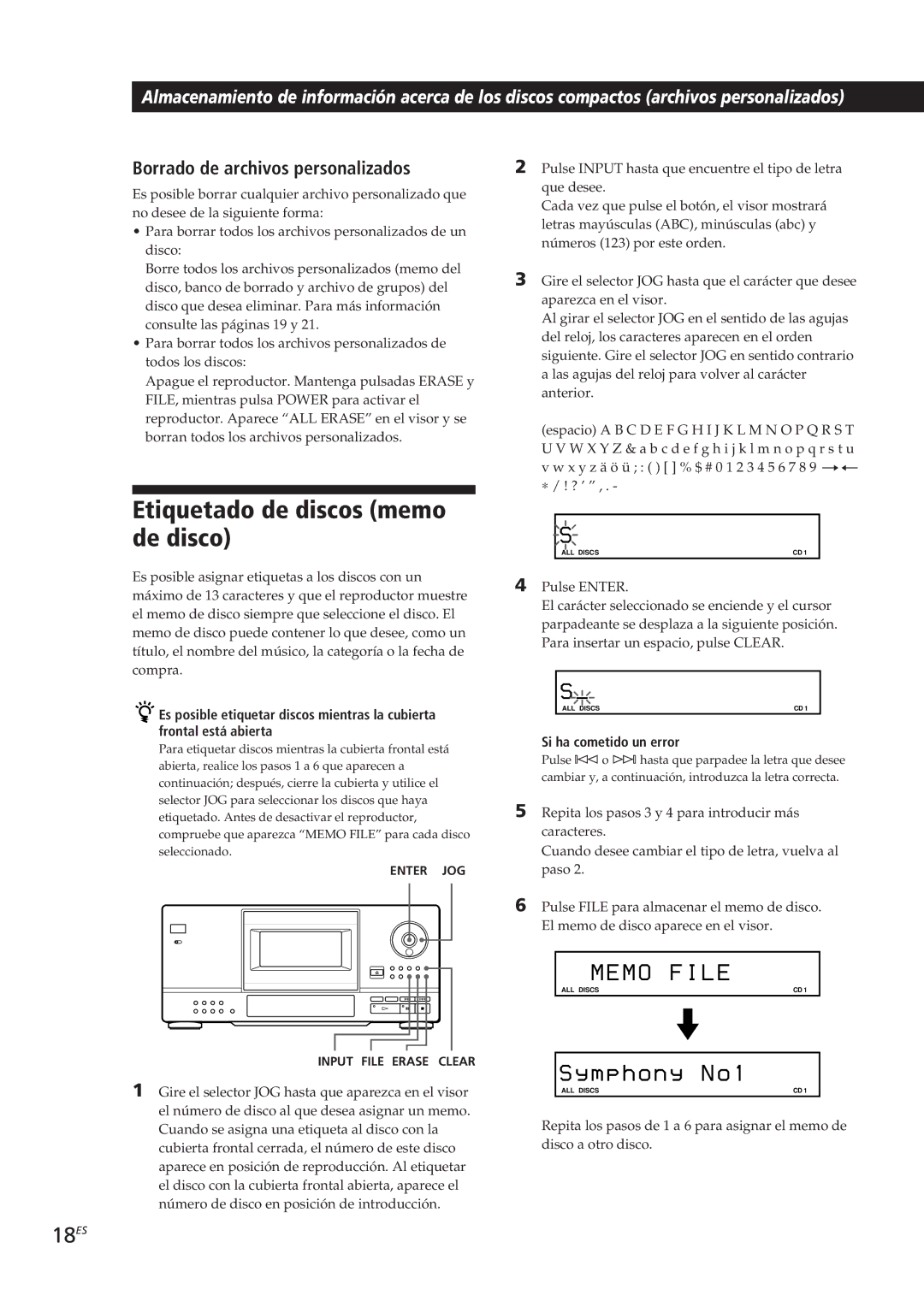 Sony CDP-CX153 manual Etiquetado de discos memo de disco, 18ES, Borrado de archivos personalizados, Si ha cometido un error 