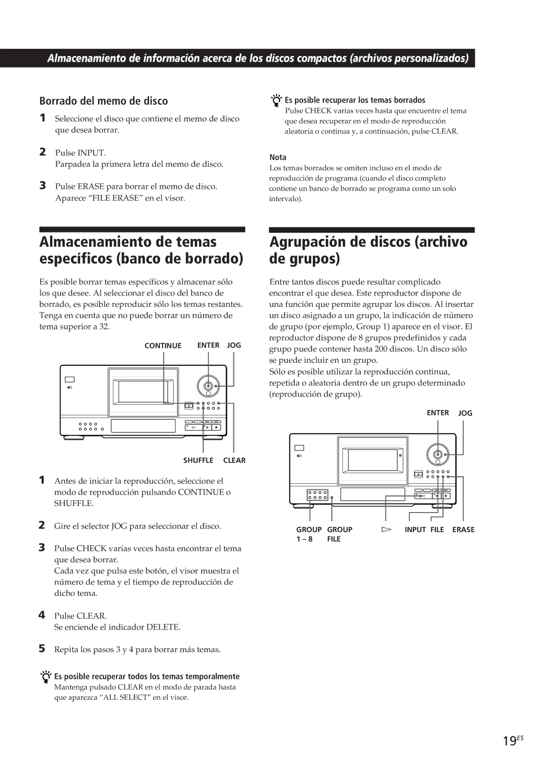 Sony CDP-CX153 manual Agrupación de discos archivo de grupos, 19ES, Borrado del memo de disco 