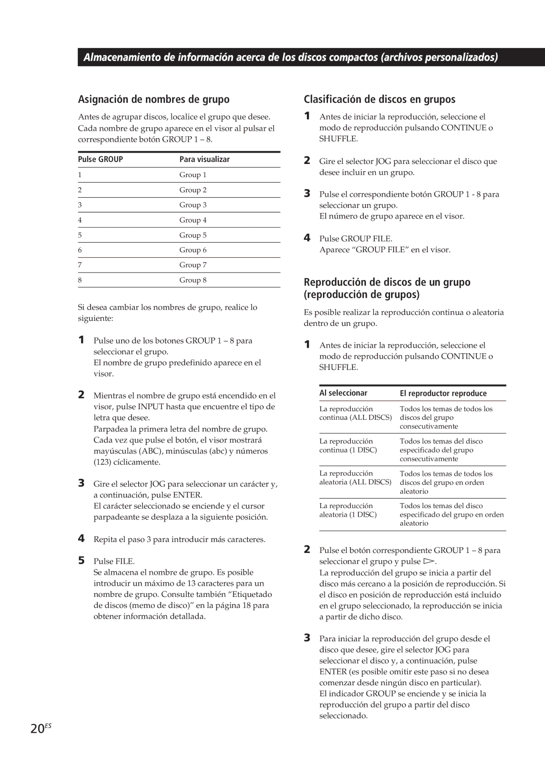 Sony CDP-CX153 manual 20ES, Asignación de nombres de grupo, Clasificación de discos en grupos, Pulse Group Para visualizar 