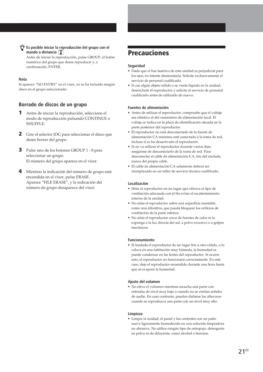 Sony CDP-CX153 manual Precauciones, 21ES, Borrado de discos de un grupo 