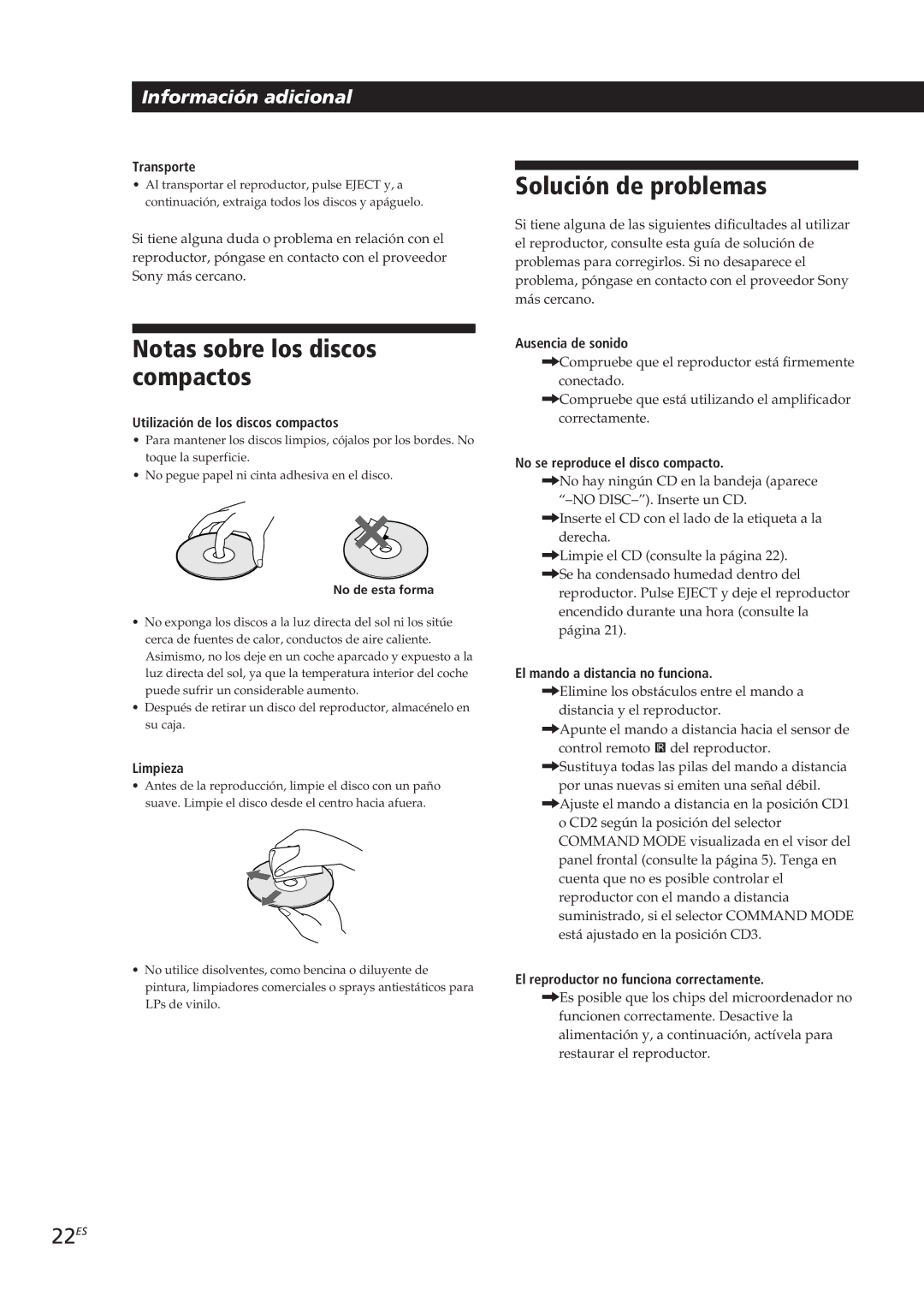 Sony CDP-CX153 manual Notas sobre los discos compactos, Solución de problemas, 22ES 