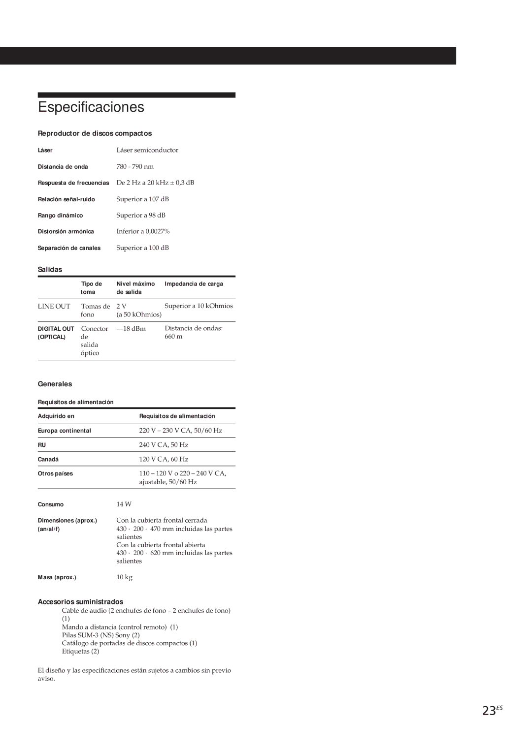 Sony CDP-CX153 manual Especificaciones, 23ES 