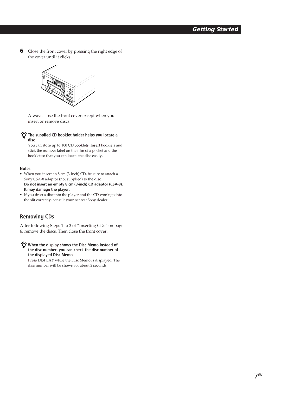 Sony CDP-CX153 manual Removing CDs, Supplied CD booklet holder helps you locate a disc 