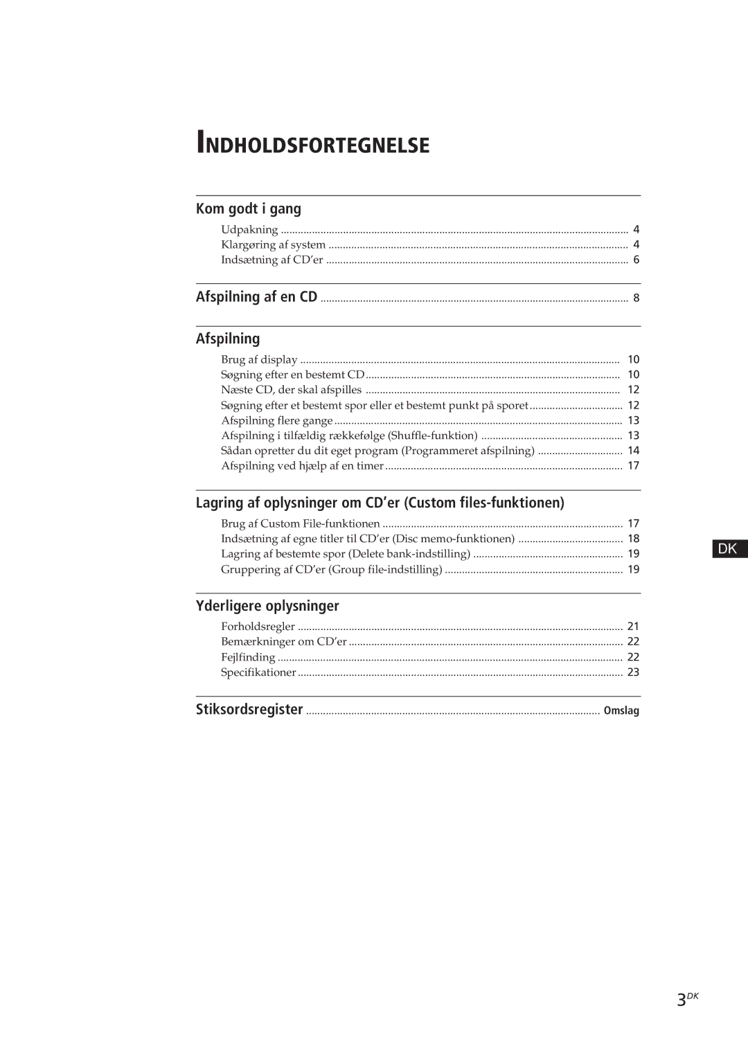 Sony CDP-CX153 manual Kom godt i gang, Afspilning, Yderligere oplysninger, Omslag 