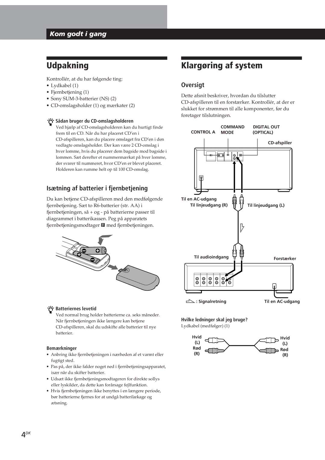 Sony CDP-CX153 manual Udpakning, Klargøring af system, Isætning af batterier i fjernbetjening, Oversigt 