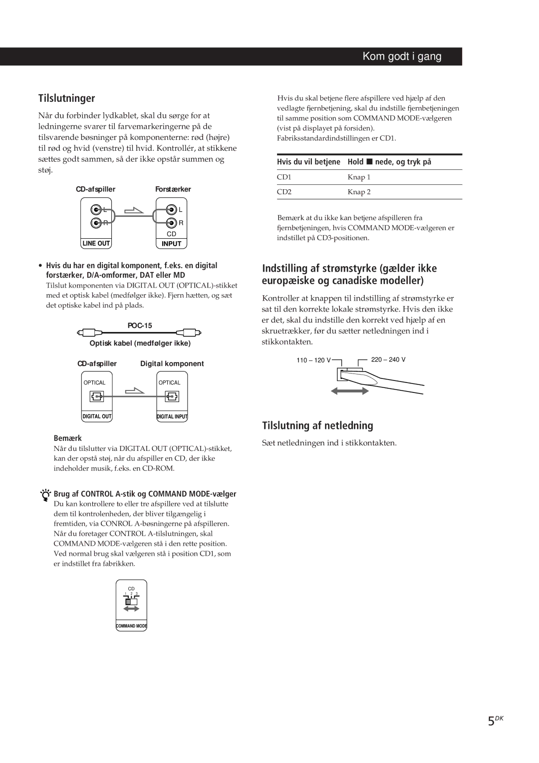 Sony CDP-CX153 manual Tilslutninger, Tilslutning af netledning, Bemærk, Brug af Control A-stik og Command MODE-vælger 