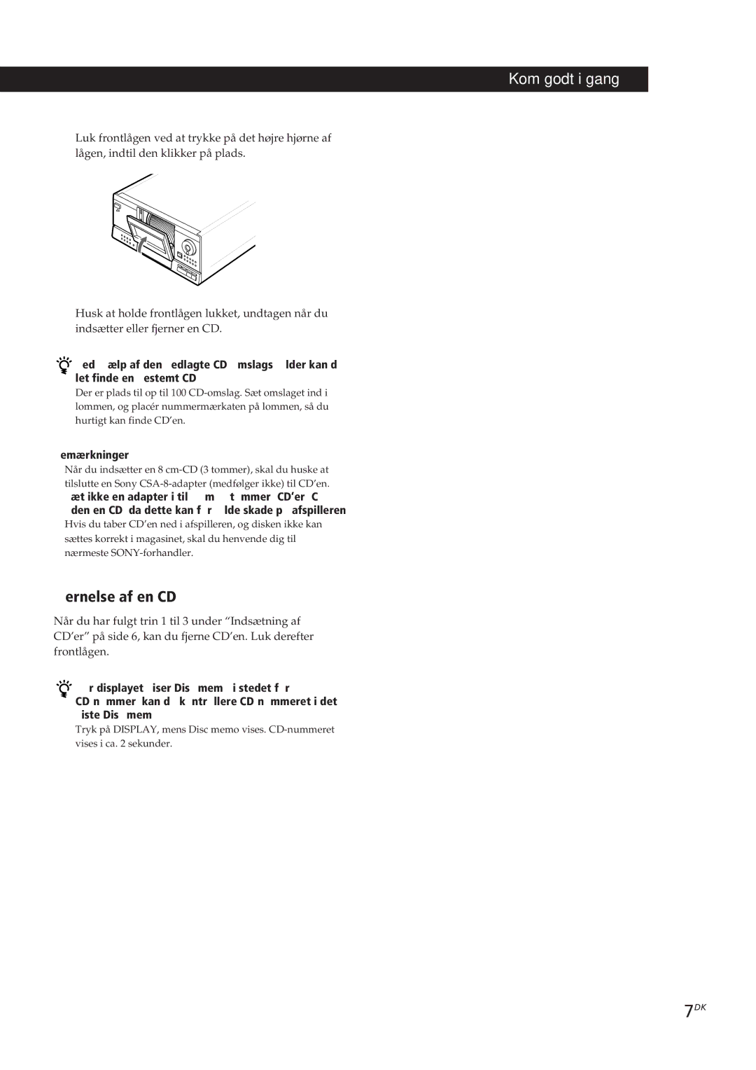 Sony CDP-CX153 manual Fjernelse af en CD, Bemærkninger 